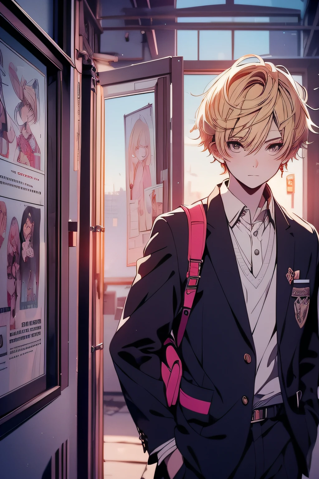 a blonde young man, age 16, standing at the school entrance, confident pose, school uniform (best quality, masterpiece, 8K, photorealistic, ultra detailed, soft lighting, anime style, dogital illustration, poster)