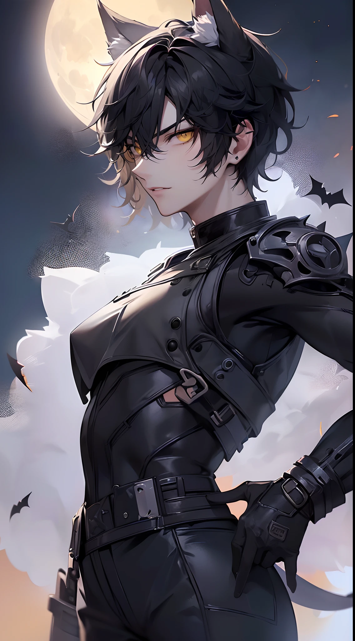 (4K works))、masterpiece、(top-quality)、((Full moon on black background))、Korean Male、Adult male、((Adult 26 years old))、((Adult older brother))、((werewolf man))、((The Man with Wolf Ears))、((Face similar to Hyun Jin))、Cool Men、tall、((Glaring expression))、((Strong eyes))、((Black cool werewolf fashion))、((Long sleeve long trouser style))、((smaller face))、Slim body、((hooligan))、((Black short-haired))、((Yellow eyes))、((shot from front))、((Shot alone))、((Solo Photography))、Professional Photos、((Focus zoom in))、((Upper body photography))、((Face enhancement))、Wolf's Pose、((Halloween Photos))、Horror Pictures