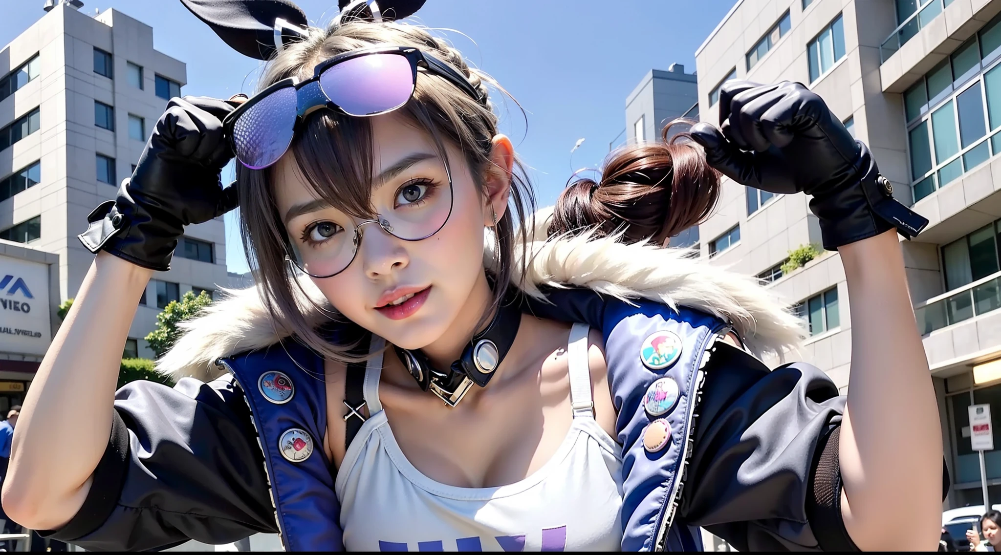 SilverWolf V4,mitts,hair between eye,jewely,Purple-black jacket,耳Nipple Ring,black glove,Fishing nets,Purple-black fingerless gloves,sun glasses,glasses on head,(((White ponytail,Bow knot,Drill your hair,))White vest tight top,
(tmasterpiece,top-quality,best qualityer,offcial art,Beauty and aesthetics:1.2),(1个Giant Breast Girl),extremedetailed,rich colourful,highest details,
The upper part of the body,from below,Carmelto,
城市,the street, tilt, muri, suns, Clouds,