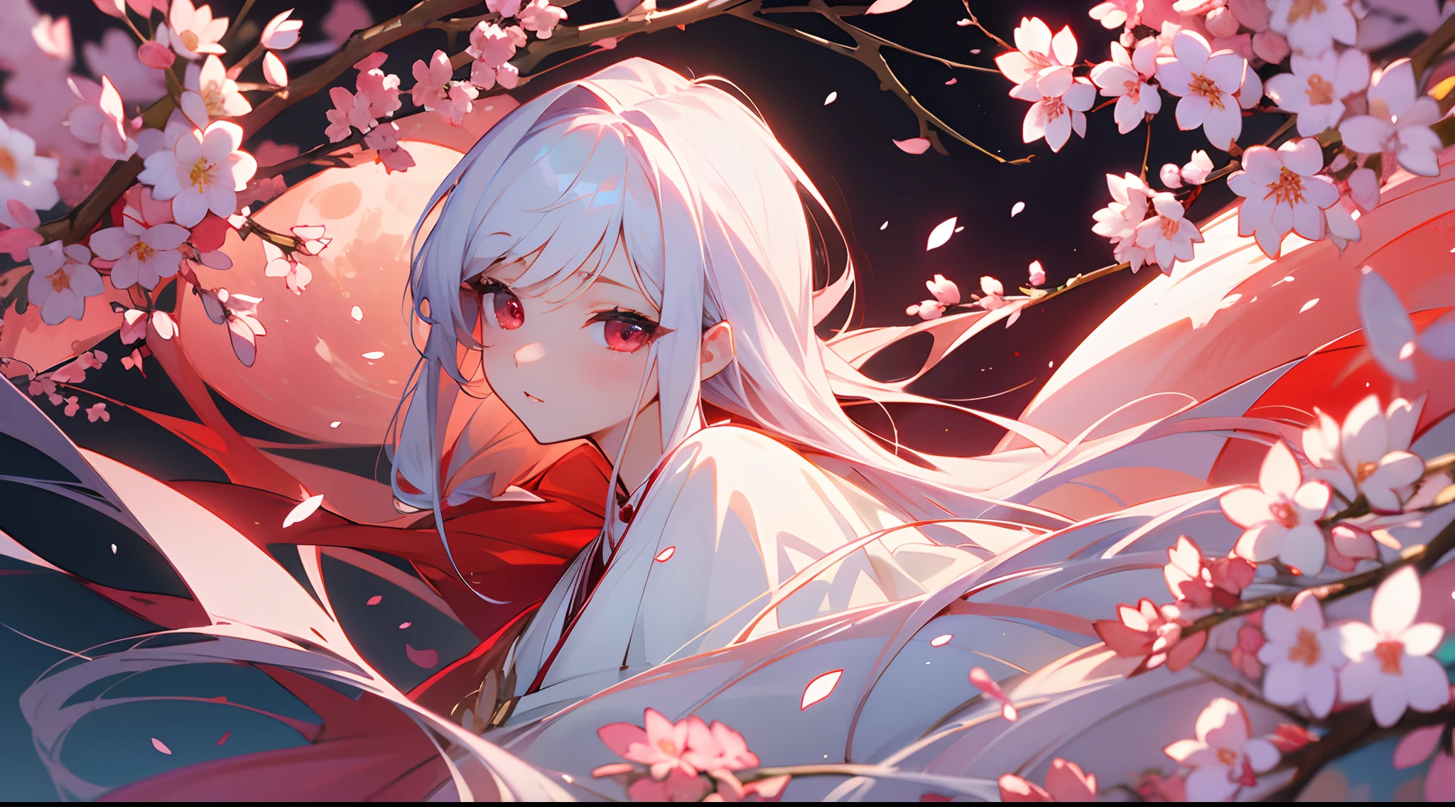 Top image quality、illustratio、ultra-definition、Ultra High Definition Facial、Ultra-fine eyes、White hair、red eyes、Beautiful eyes that shine、Princess Hairstyles、A Japanese style、Luxurious Japanese costume、Red and white attire、Golden decoration、cherryblossom、Cherry blossom petals、magia、prismatic effects、ruby、krystal、Beautiful Red Moon、There are branches of cherries、Immaculate costume、fantastical light、Fantastical