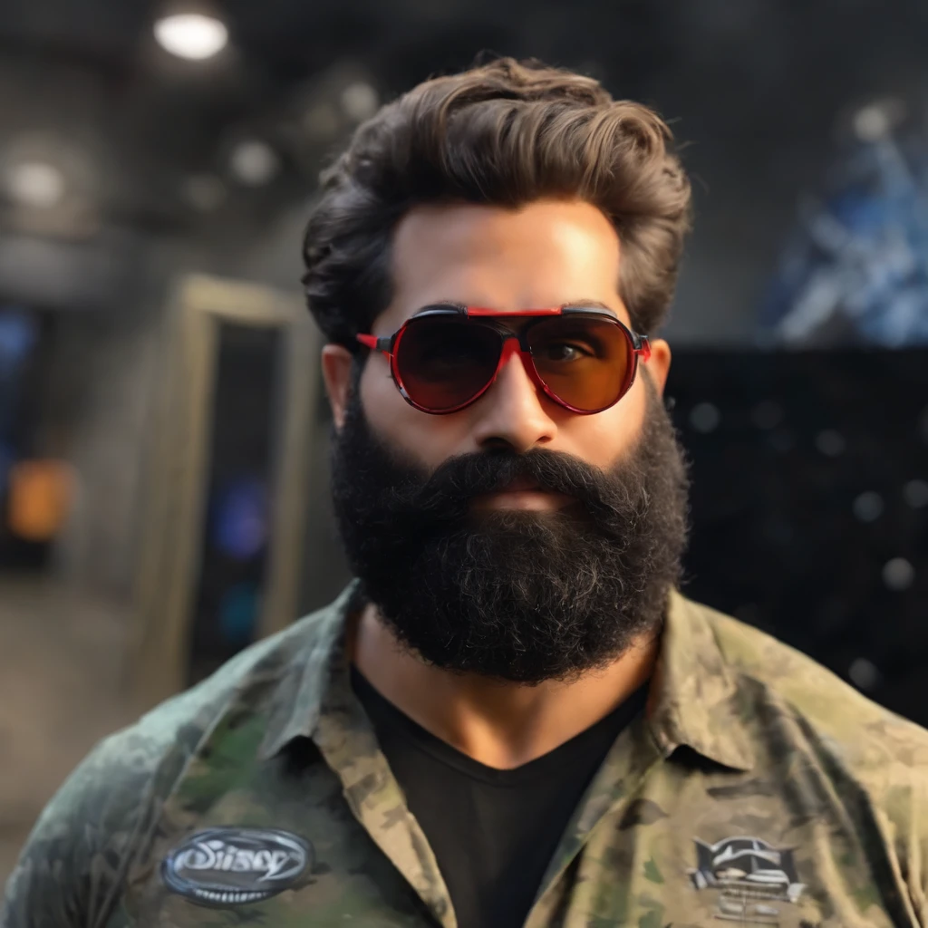Homem branco, de barba, wearing goggles, cabelo curto com topete, usando camisa manga longa camuflada em preto e cinza, segurando um marcador de paintball, no estilo Disney Pixar