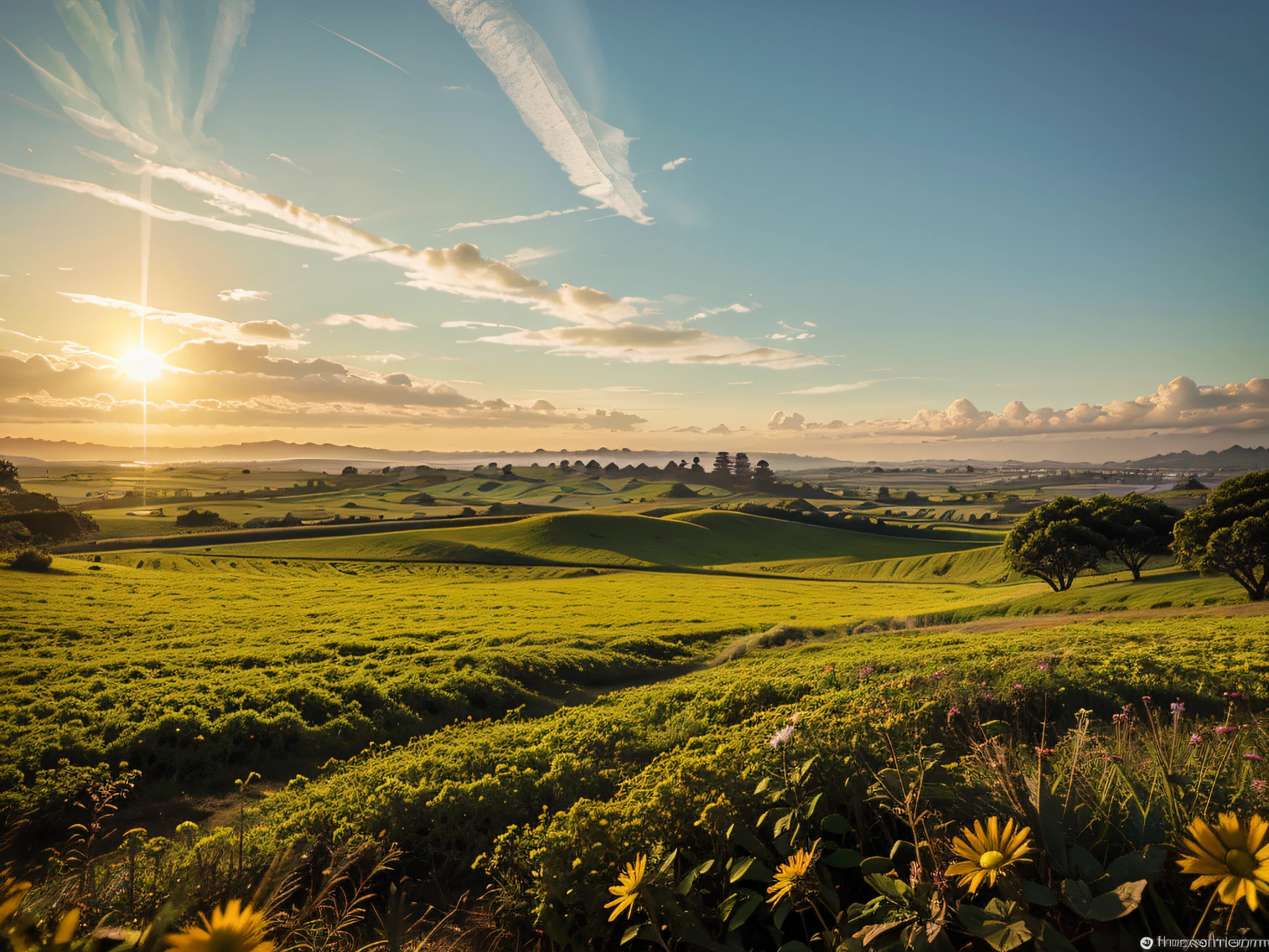 Uma imagem que representa um nascer do sol radiante sobre uma paisagem calma e serena, em alta qualidade, vento, flores , texturas , grama verde