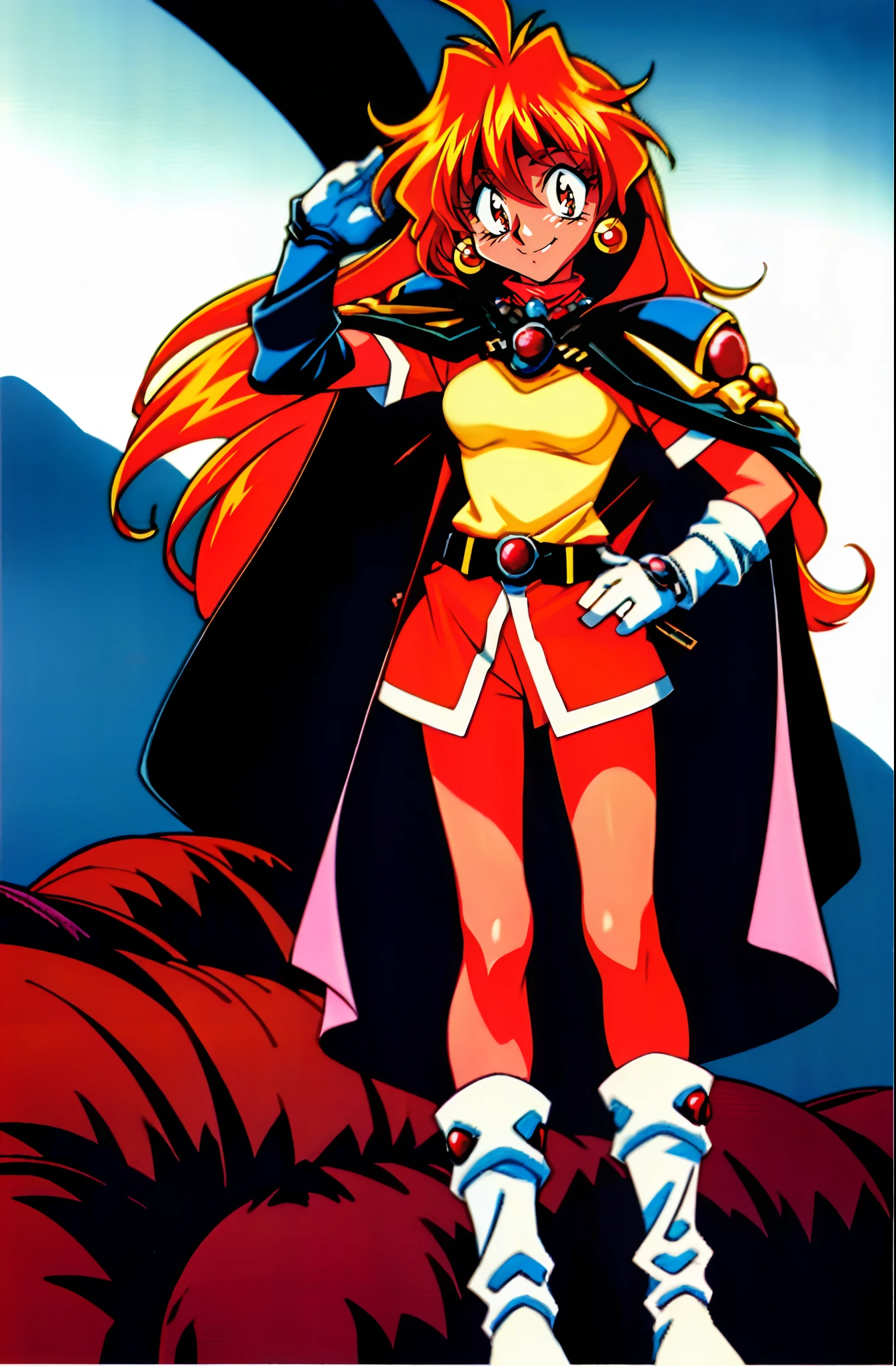 masterpiece, best quality, ultra-detailed, illustration, 1girl, 1990s \(style\), belt, boots, cape, earrings, gloves, headband, jewelry, lina inverse, long hair, pantyhose, red eyes, red hair, orange hair, retro artstyle, solo, traditional media,smiling,smile, standing, refsheet
