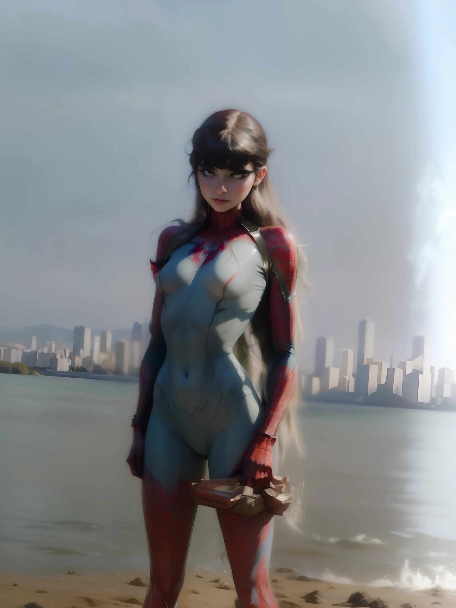 Beautiful woman detailed defined body using spider man cosplay, small breasts
