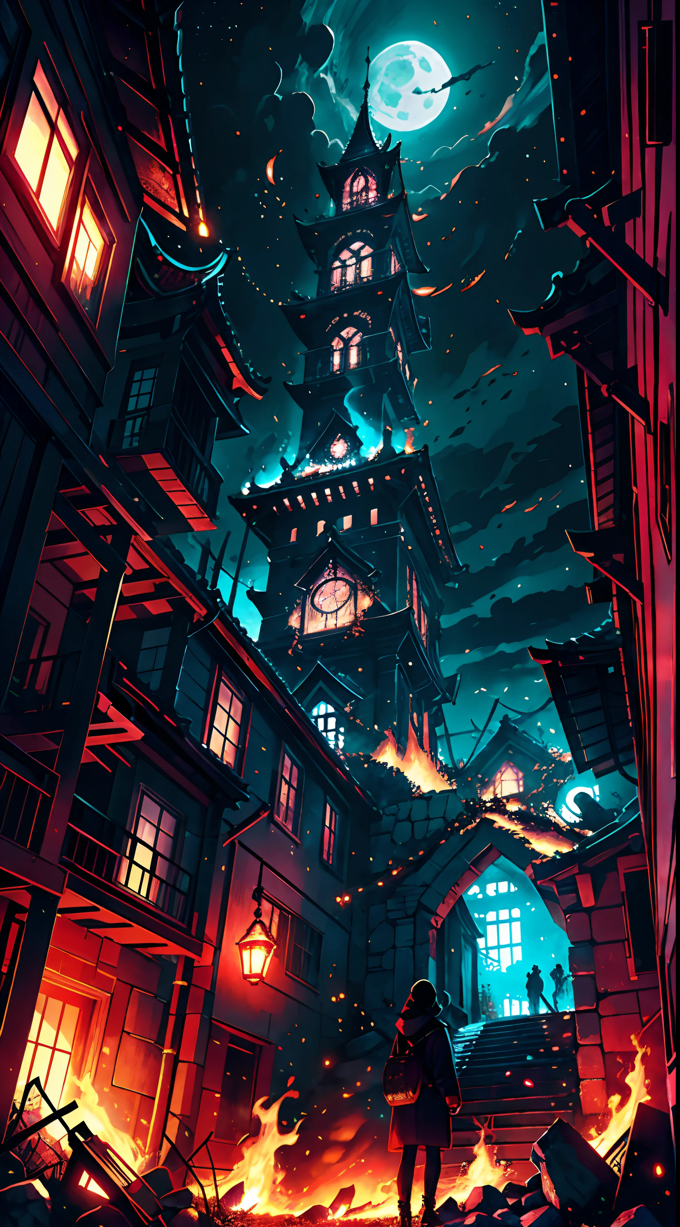 Vast landscape photos、（View from below with towers and flames）、A huge tower in the sky、I can't see the top floor..、Girl Standing At The Entrance of the Tower、((Burn flames to resist intruders))、natta　BREAK　production art、(Warm color light source:1.2)、(loimu:1.5)、Purple and orange、intricate detailes、Volume Lighting　BREAK　(​masterpiece:1.2)、(top-quality)、4K、ultra-detailliert、（The composition of the movement：1.4）、Highly detailed and colorful details、（Glowing lighting、Atmospheric illumination）、dream-like、Magical、（独奏：1.2）
