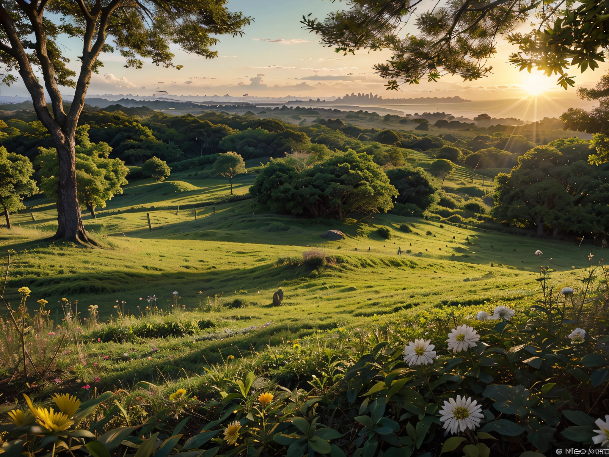 Uma imagem que representa um nascer do sol radiante sobre uma paisagem calma e serena, em alta qualidade, vento, flores , texturas , grama verde