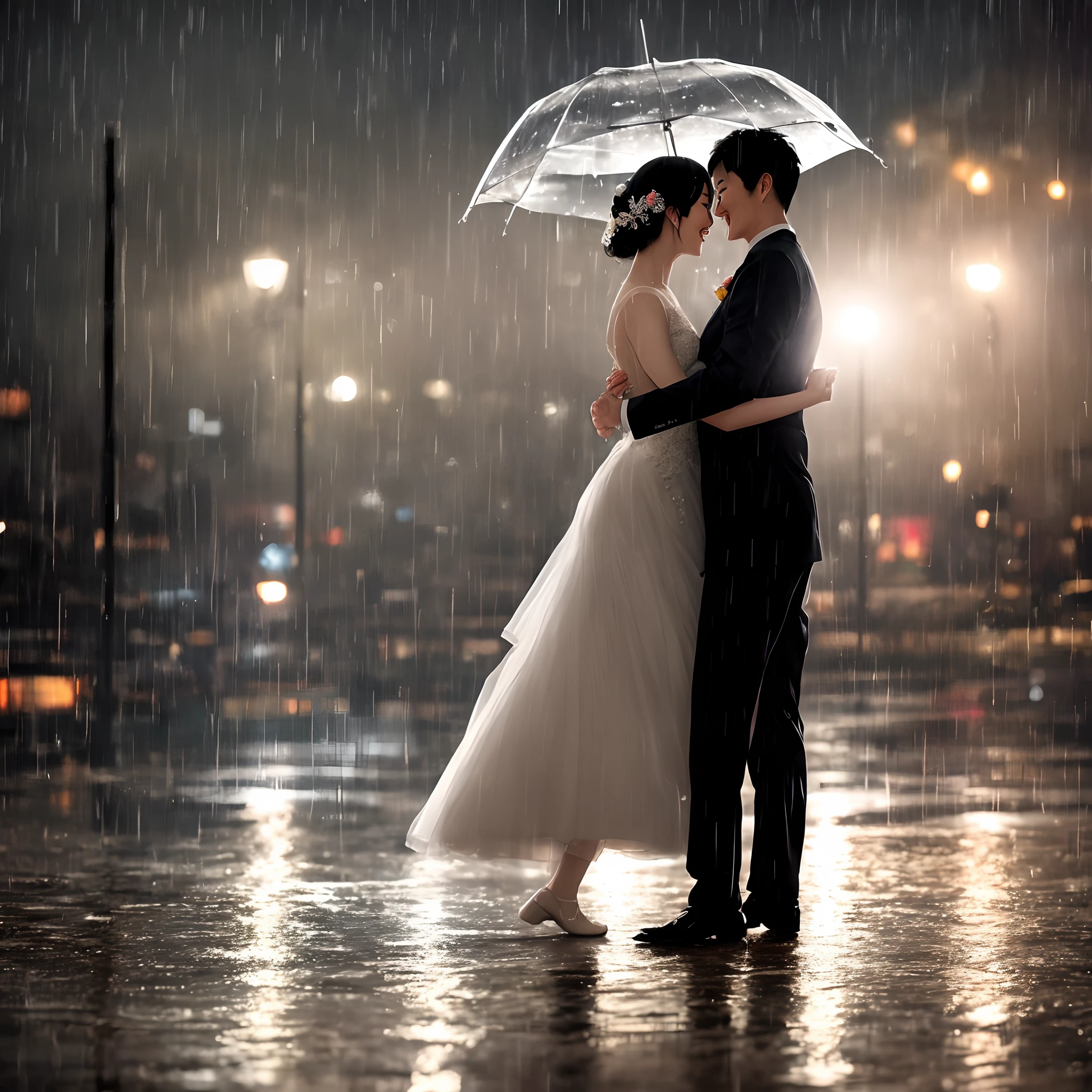 Korean couple dancing waltz in the rain