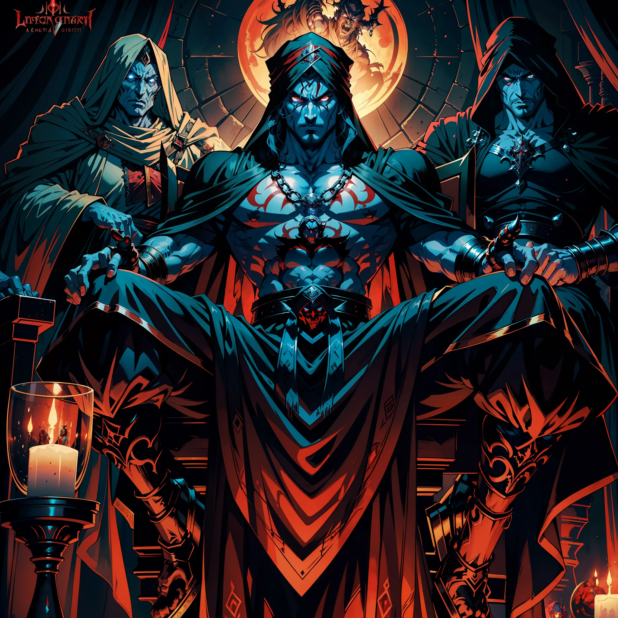 Castlevania Hyper Realistic Shadow Lord Super Detailed Dynamic Shot Master Piece of Lord Dracula Medieval Arab Warrior with Red Turban Scary Face Hokuto No Ken Structure Muscular face Kenshiro sitting in his legendary Moroccan throne surrounded by demons and 3 scary demons Speaking of old rolls