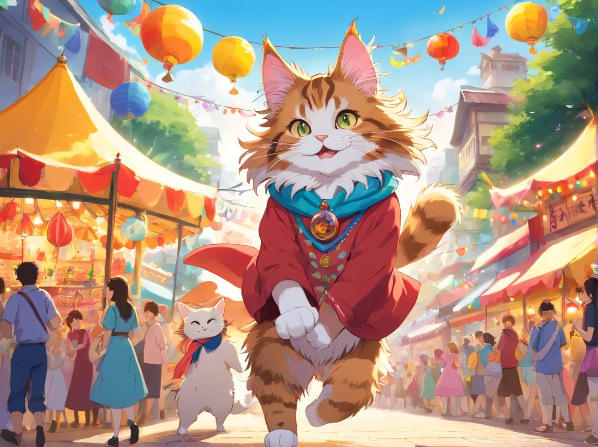 Create an image of an enthusiastic and creative Maine Coon cat, wearing casual clothing with colorful accessories. The cat is at an outdoor music or art festival, surrounded by people dancing and various art installations. The cat is actively engaging with attendees, possibly showcasing its own artwork or participating in an interactive activity. The background should depict a cheerful and colorful festival atmosphere, with a music stage, food stalls, and vibrant decorations. Ensure that the image reflects the ENFP personality traits of being energetic, friendly, and full of inspiration. Focus on the cat’s joyful expression and the dynamic environment of the festival