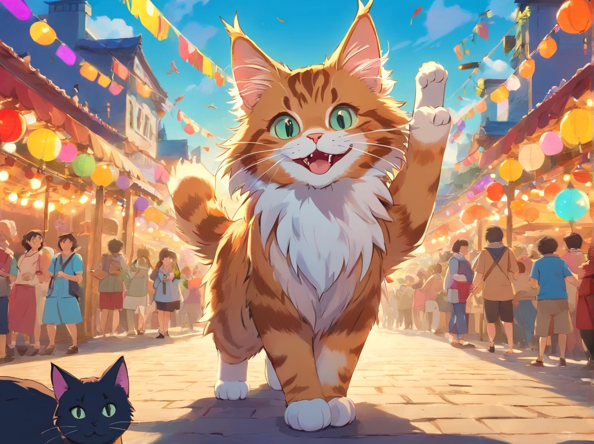 Create an image of an enthusiastic and creative Maine Coon cat, wearing casual clothing with colorful accessories. The cat is at an outdoor music or art festival, surrounded by people dancing and various art installations. The cat is actively engaging with attendees, possibly showcasing its own artwork or participating in an interactive activity. The background should depict a cheerful and colorful festival atmosphere, with a music stage, food stalls, and vibrant decorations. Ensure that the image reflects the ENFP personality traits of being energetic, friendly, and full of inspiration. Focus on the cat’s joyful expression and the dynamic environment of the festival