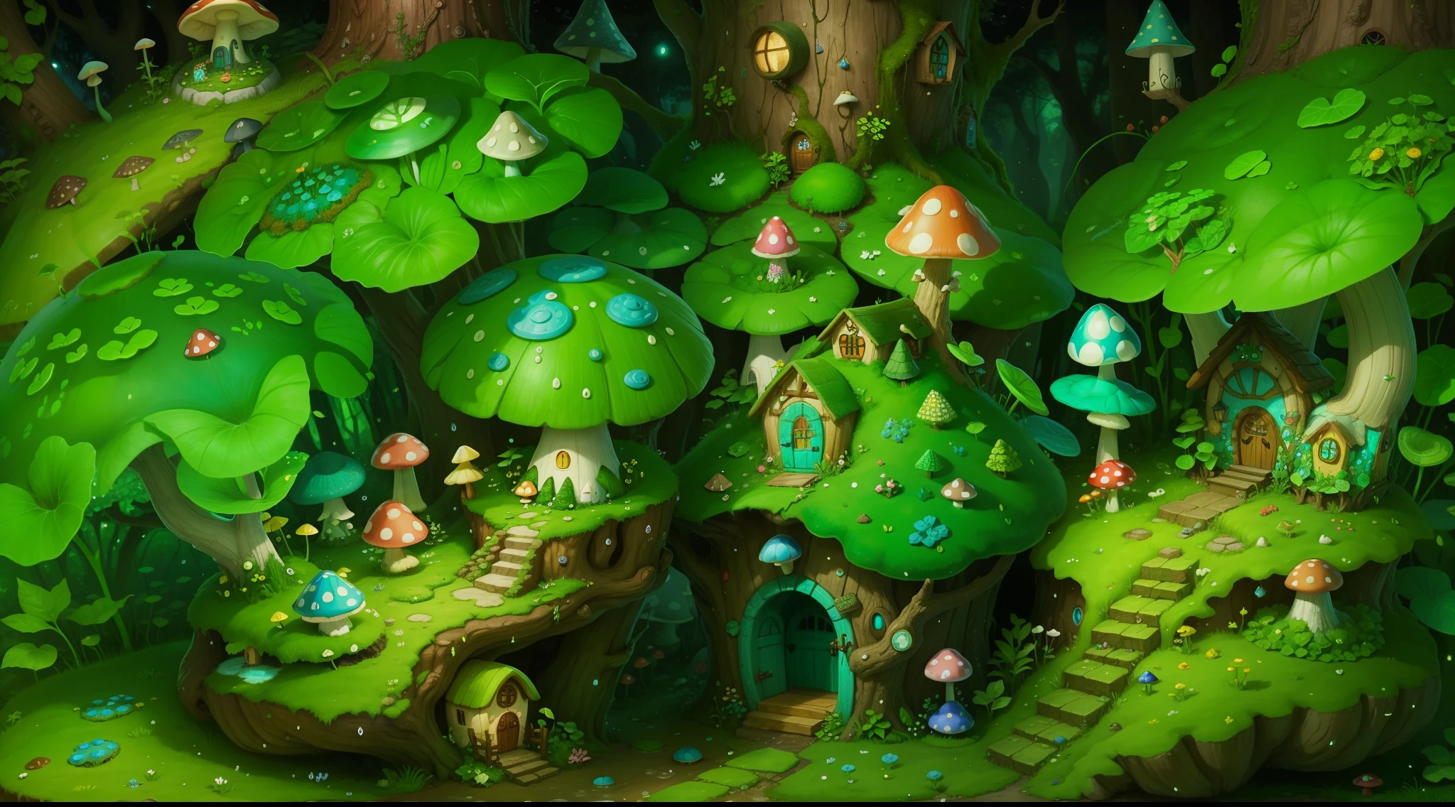 A fairyland-like hideaway，Colorful mushroom house，a fairy world