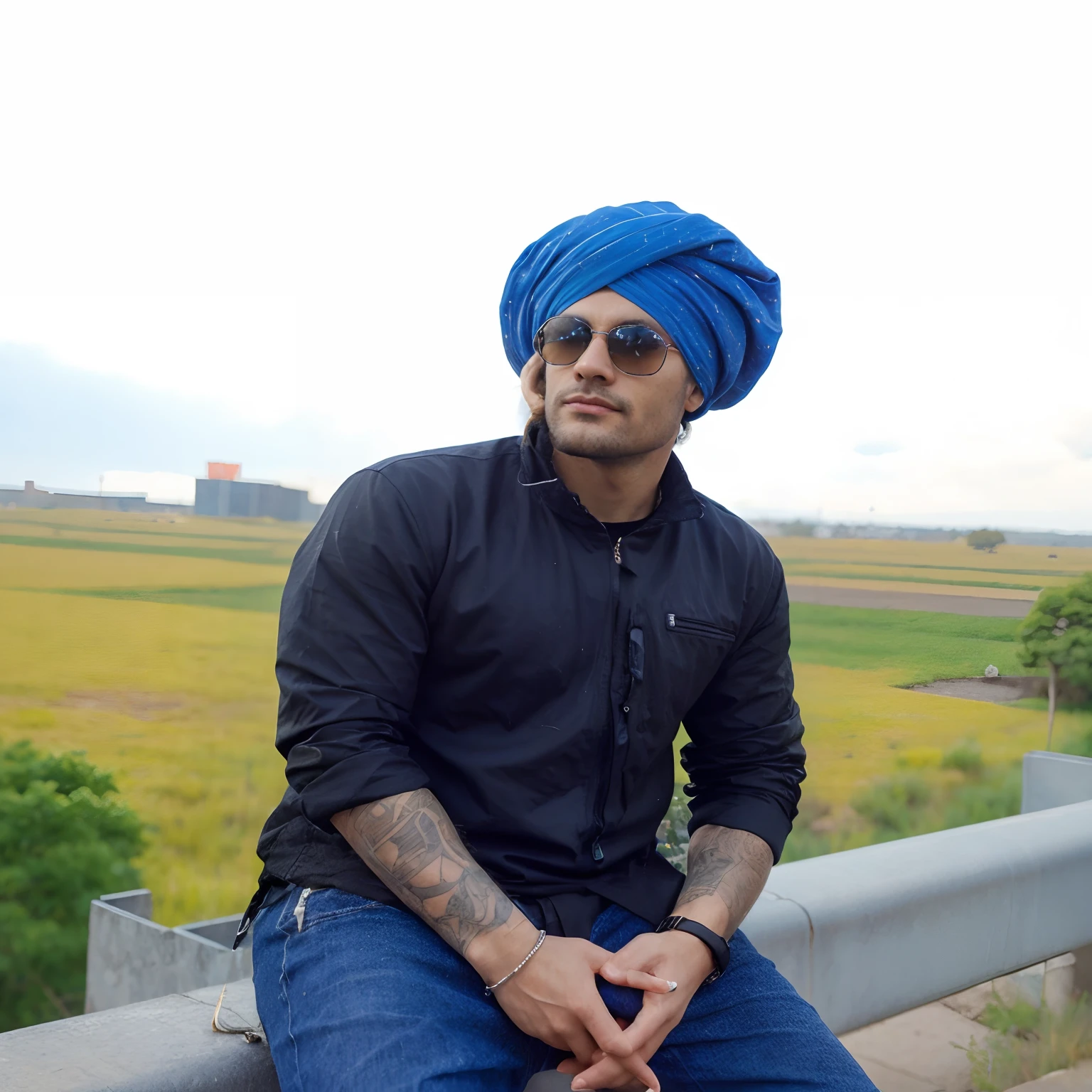 Change background cyberpunk space ship. Cyberpunk turban guy wear black cyberpunk sunglasses. 8k resolution high quality
