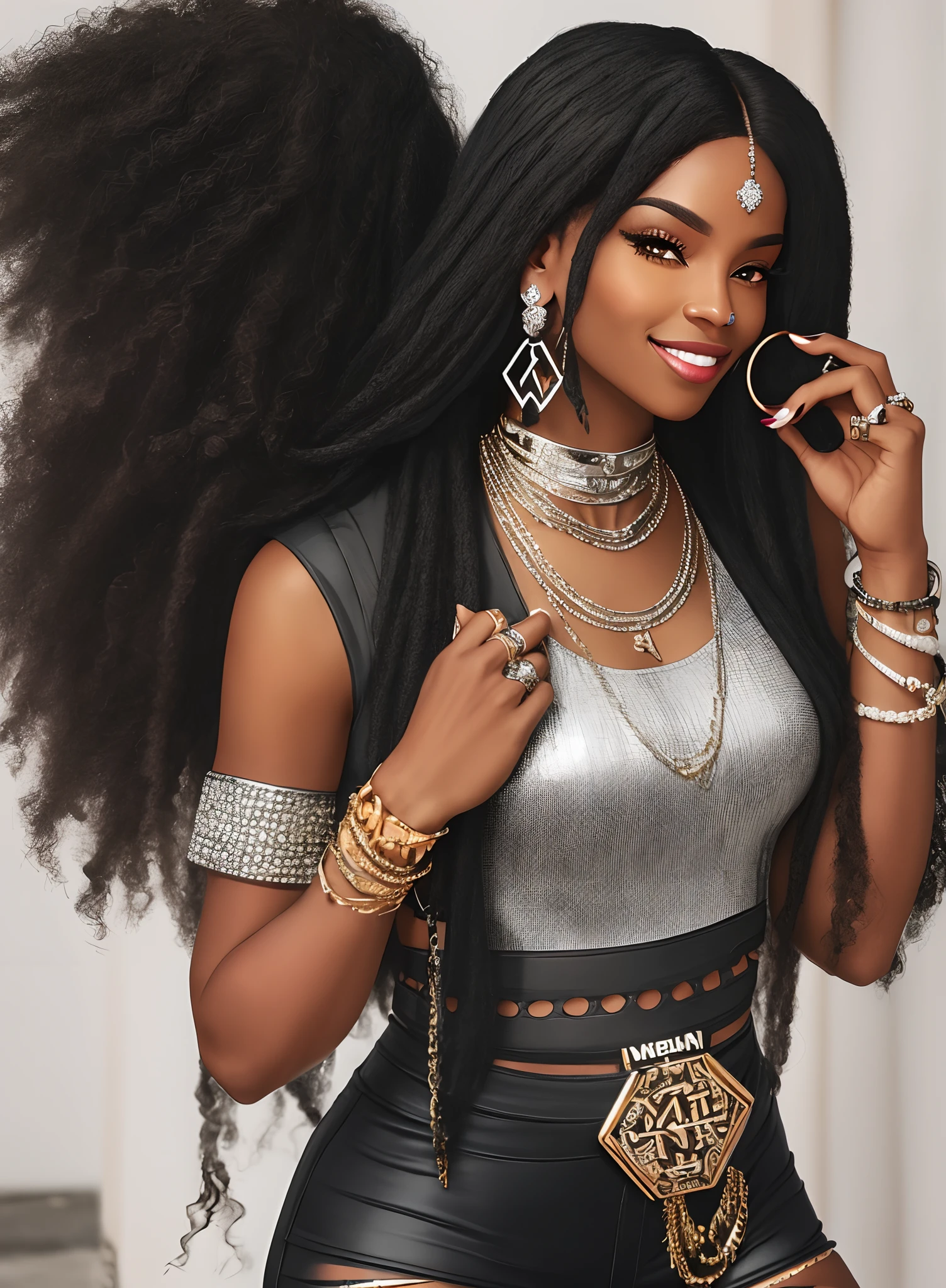 hyper realstic black  woman with long hair wearing silver earing and a cuban link around her neck that says Nelssii and a diamond ring on her finger. smiling smoking a blunt wearing tight clothing