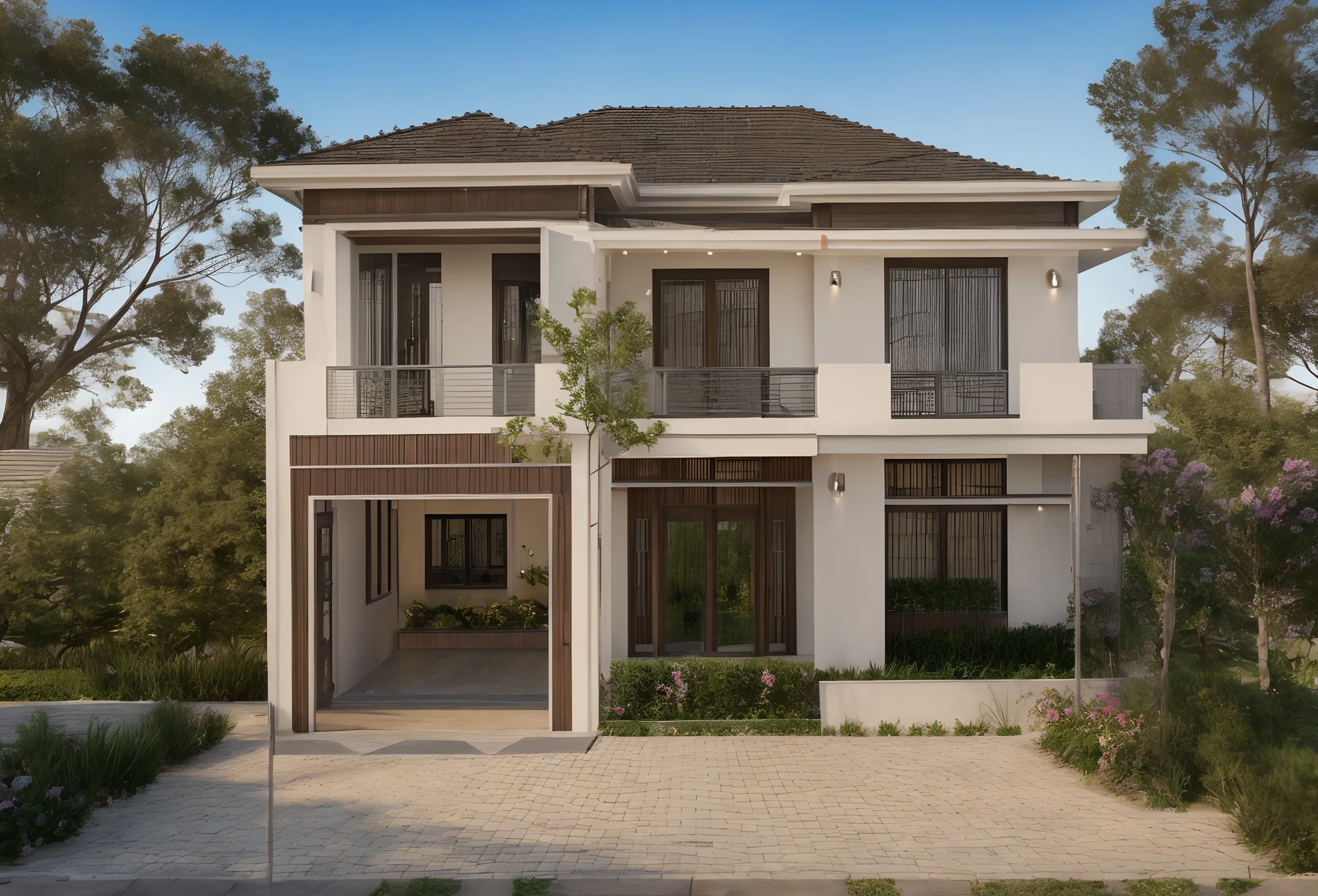Realistic images, extremely detailed, a modern house, 1 road in font of house, large yard made by ceramic, (1 car), brick fence, lawn, a few small flowers, a road in front of the house, main materials of the house are white walls and red brick, Modern design, clear blue sky, sunrise light, light from inside, dynamic light,shimering light, cinematic light, romantic feeling, (((day light, warm light)))