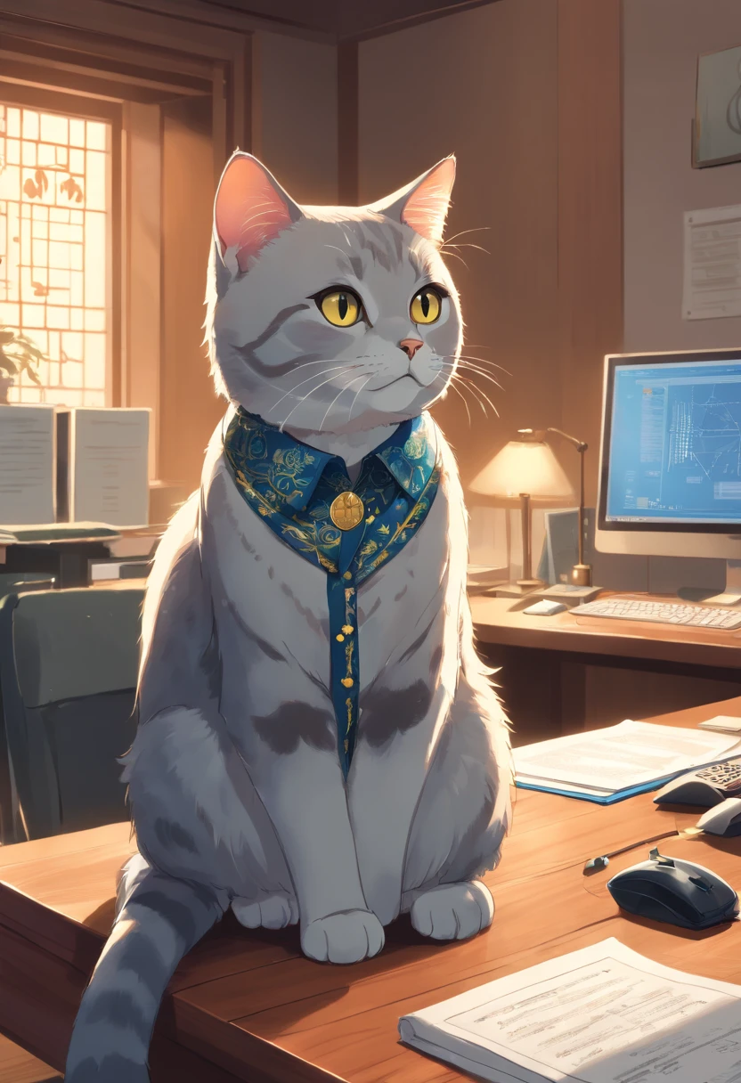 Depict a scene showcasing a dignified and calm British Shorthair cat, dressed in a formal batik shirt. The cat sits behind a neatly arranged desk in a government office, surrounded by significant documents and office equipment. The environment is an elegant office with a professional ambiance. In the background, a large window reveals a cityscape. Elements in the image should represent the ISTJ personality traits of responsibility, practicality, and reliability, with a touch of distinctive Indonesian culture." Additional Instructions: "Ensure the image possesses sharp details and harmonious colors. The primary focus should be on the British Shorthair cat's expression, exuding tranquility and confidence. The batik on the shirt should showcase an authentic and sophisticated pattern