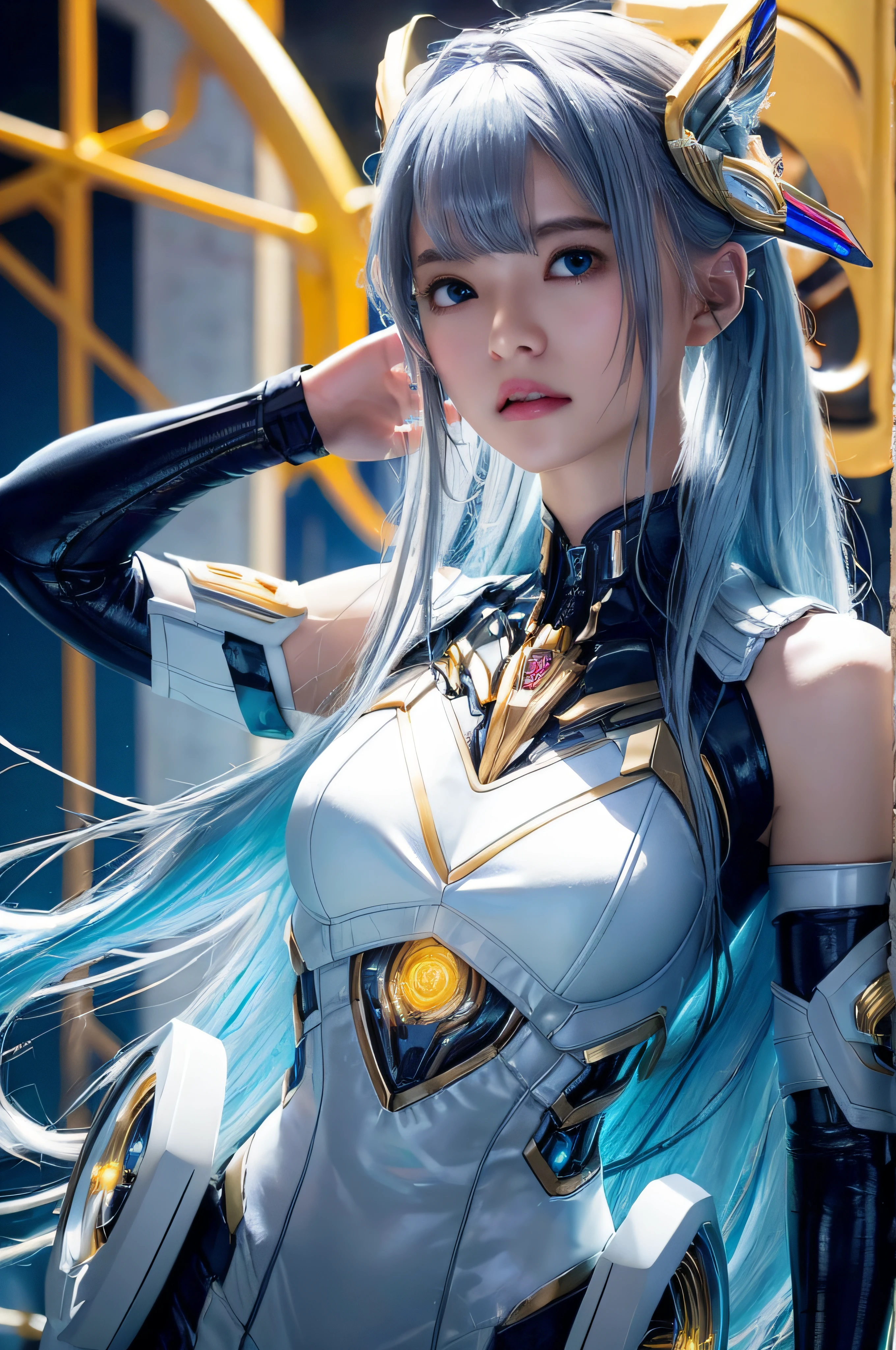 RAW image quality、8K分辨率、Ultra-detailed CG footage、top-quality、​masterpiece、超A high resolution、(Photorealsitic:1.4)、1人、Light blue hair、Straight hair, shiny and clean hair、White shiny skin、Sexy Cyberpunk Girl、((super realistic details))、Shadow、octan render、ultrasharp、hyperdetailed face、Fiberglass、Luminous tube、highly intricate detail、Realistic light、CGSoation Trends、((Golden Eyes))、(Facing the camera)、neon details、Mechanical limbs、Mechanical vertebrae attached to the back、mechanical cervical attaching to neck、Wires and cables connecting to the head、cosmic background、Rat trail section、((valkyrie))、((Beam Cannon))