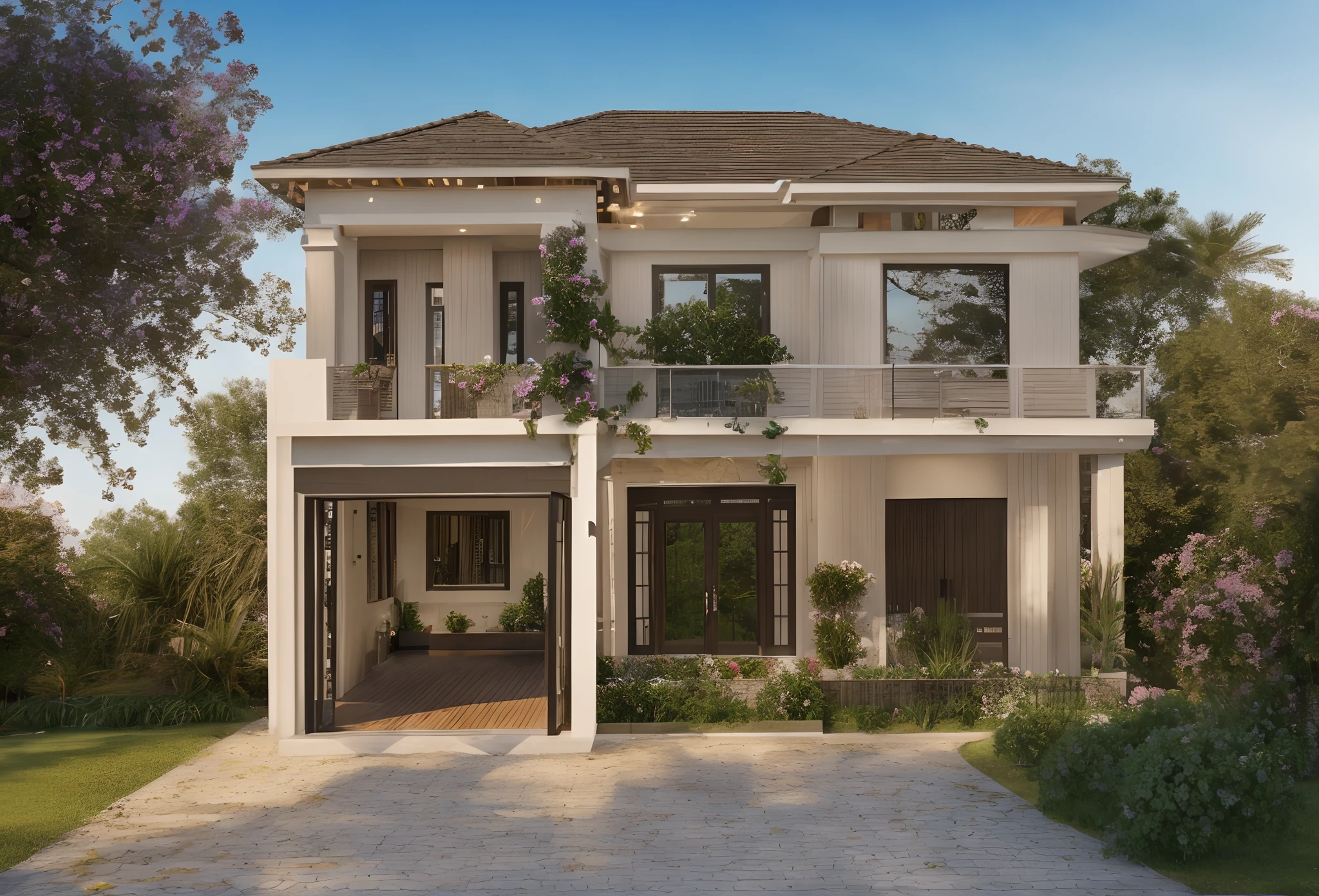 Realistic images, extremely detailed, a modern house, 1 road in font of house, large yard made by ceramic, (1 car), brick fence, lawn, a few small flowers, a road in front of the house, main materials of the house are white walls and red brick, Modern design, clear blue sky, sunrise light, light from inside, dynamic light,shimering light, cinematic light, romantic feeling, (((day light, warm light)))