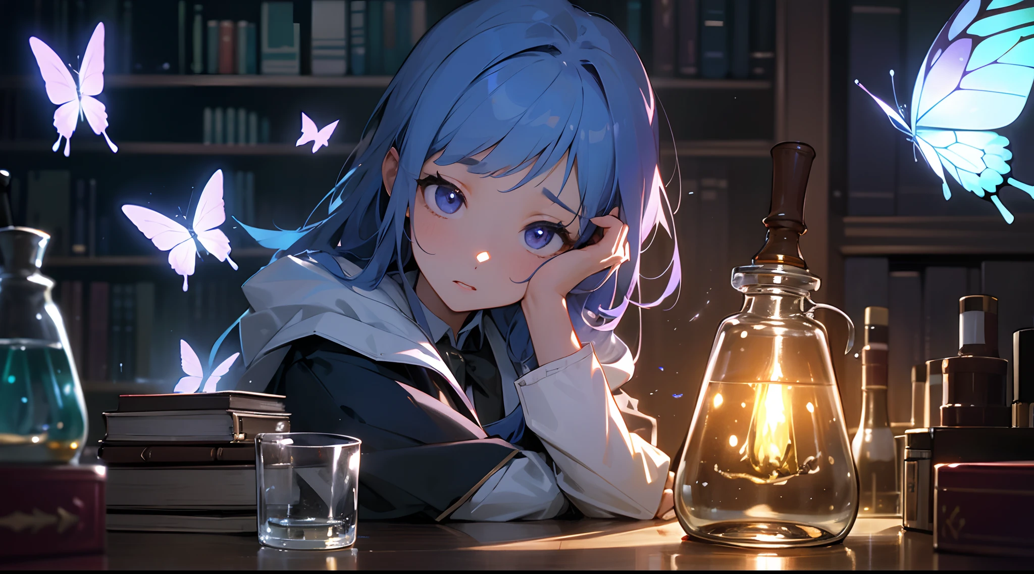 ultra-definition、Fantastical、Detailed facial、Detailed facial、Fine lines、Girl looking at a bottle with butterflies in it、Glassware、Labware、atlibrary、Books are piled up、Paperwork is cluttered、fantastical light、Light Effects