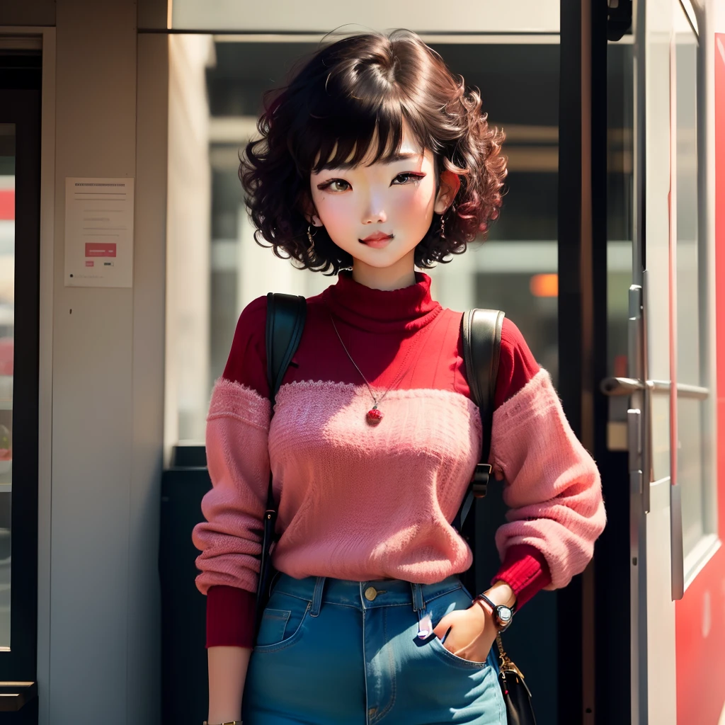 asian girl with short curly hair and bangs with red and pink strawberry sweater