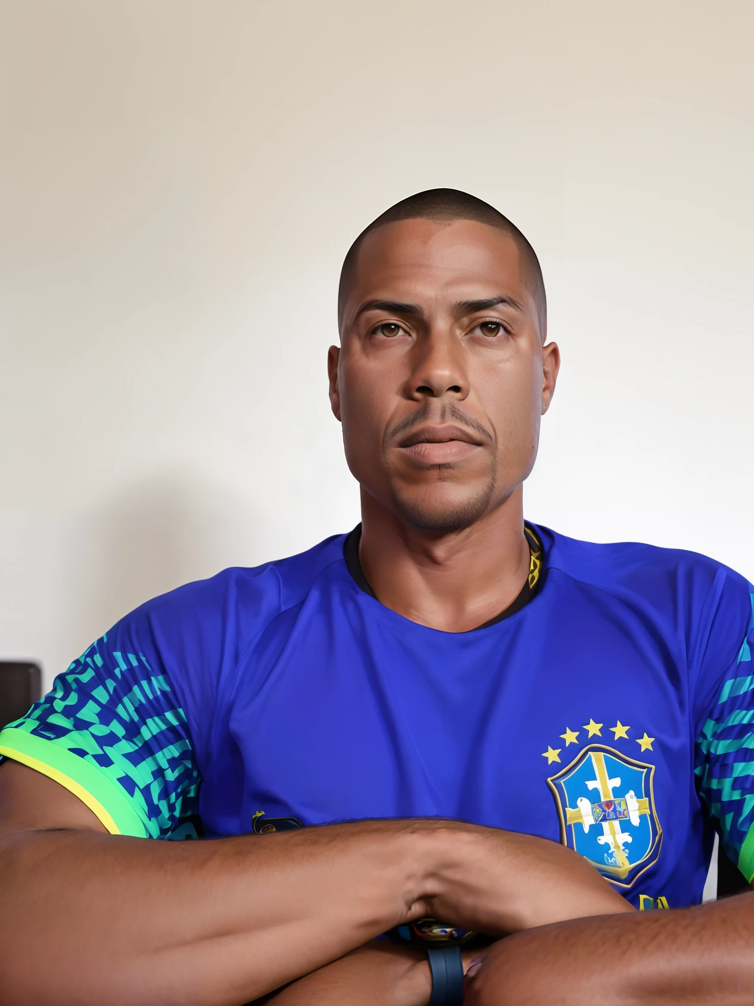 there is a man sitting in a chair with his arms crossed, Ronaldo Nazario, Ronaldo Nazario Fenomeno, edu souza, icaro carvalho, imagem frontal, inspirado em Francis Souza, inspired by Amadeo de Souza Cardoso, Mohamed Reda, Ronaldo brasileiro, david rios ferreira, Ronaldo Phenomenon, Directed by: Willian Murai, album photo