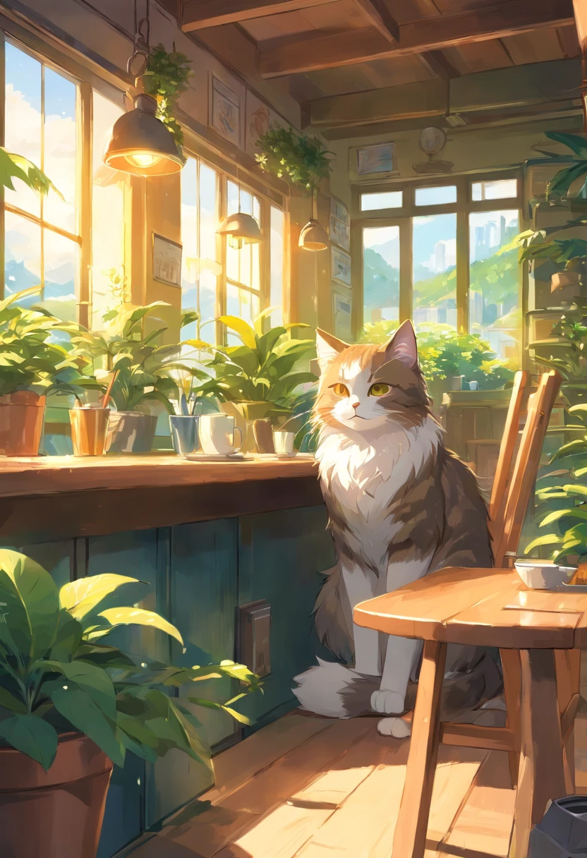 Draw an imaginative and empathetic Norwegian Forest Cat wearing a casual t-shirt and jeans. The cat is sitting in a cozy city cafe or park, deeply engrossed in writing poetry or sketching in its sketchbook. Around the cat, there's a cup of coffee and several literary books. The background displays the relaxed ambiance of the cafe or park with green plants and soothing ornaments. Ensure the image portrays the introspective, idealistic, and creative personality of the INFP. Focus on the cat's dreamy expression and the environment details that support its artistic activity.