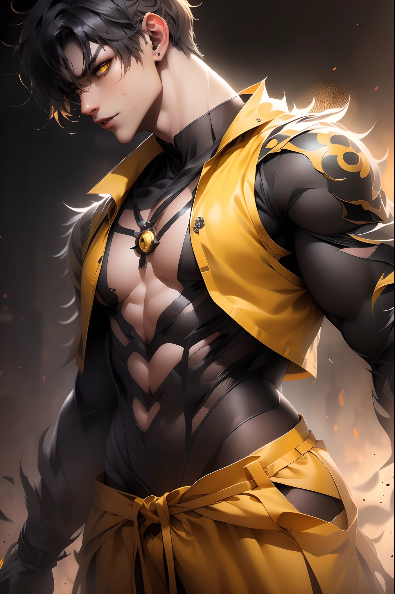 (4K works))、masterpiece、(top-quality)、((Full moon on black background))、Korean Male、Adult male、((Adult 26 years old))、((Adult older brother))、((werewolf man))、((The Man with Wolf Ears))、((Face similar to Hyun Jin))、Cool Men、tall、((Glaring expression))、((Strong eyes))、((Black cool werewolf fashion))、((Long sleeve long trouser style))、((smaller face))、Slim body、((hooligan))、((Black short-haired))、((Yellow eyes))、((shot from front))、((Shot alone))、((Solo Photography))、Professional Photos、((Focus zoom in))、((Upper body photography))、((Face enhancement))、Wolf's Pose、((Halloween Photos))、Horror Pictures