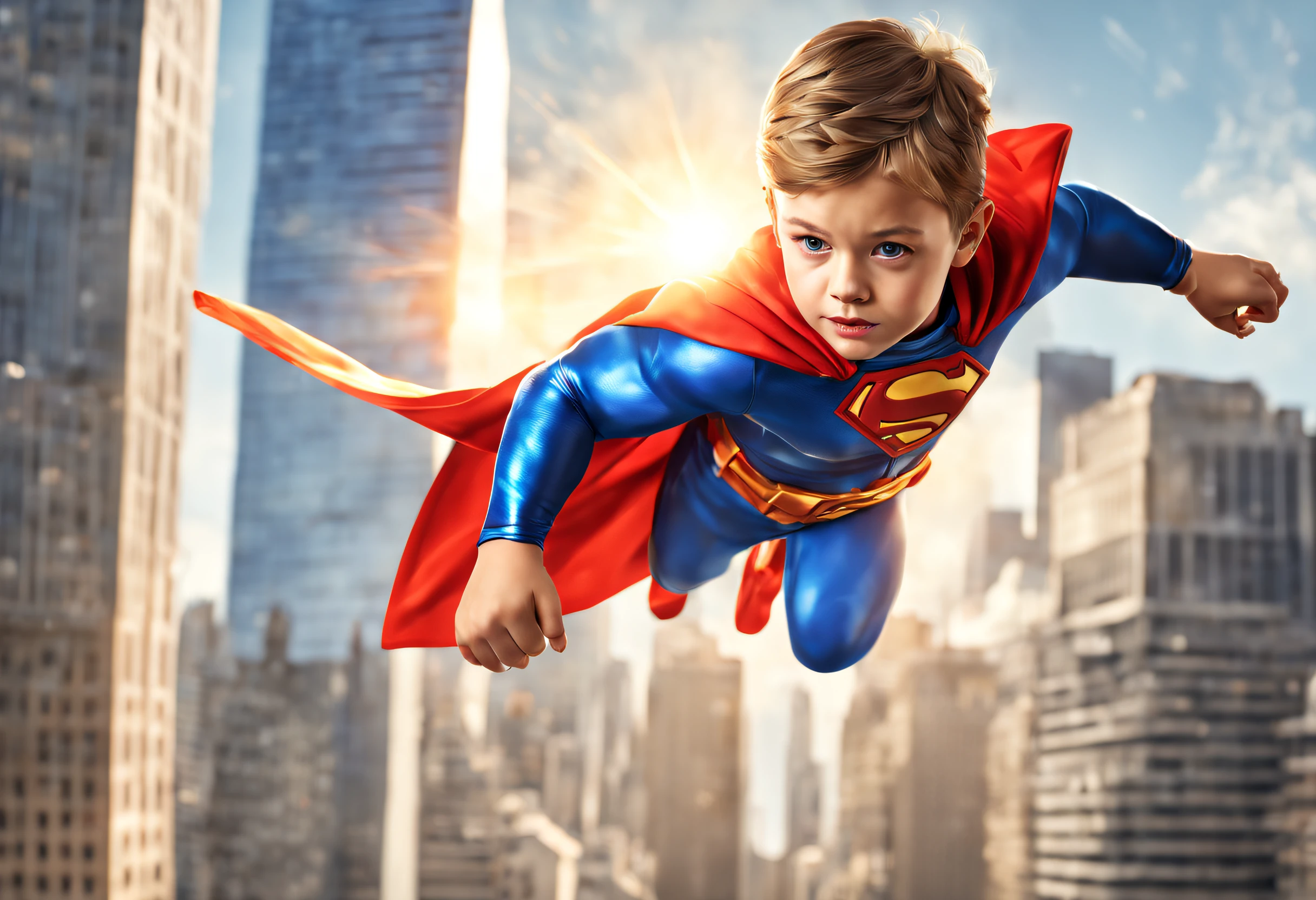 (best quality, 4k, 8k, high resolution, masterpiece: 1.2), ultra detailed, (realistic, photorealistic, photorealistic: 1.37), super boy wonder 3 , boy with extraordinary powers, flying through the sky, superhero costume , flowing cape behind, bright rays of energy radiating from his hands, body glowing with power, surrounded by vibrant colors, cityscape in the background, towering skyscrapers, bright sunlight illuminating the scene, dynamic action pose, courage and determination in his eyes, pulsing energy swirling around him. him, emblem on his chest shining with power, devastating super strength, ability to control elements, saving the world from the forces of evil, comic book style illustration, vibrant and bold colors, powerful and energetic brush strokes, fierce and heroic expression on his face, without seams integration of fantasy and reality, epic and grandiose atmosphere, impressive attention to detail, fast-paced and exciting composition, contrast of light and shadow, to convey a sense of drama and intensity.