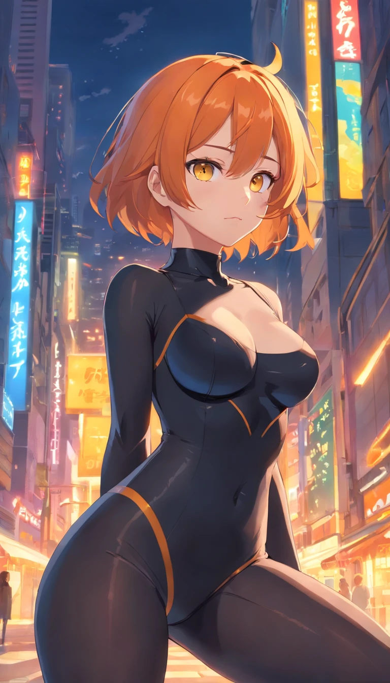 1 female、Orange hair、Colossal tits、Big ass、Black catsuit、yellow  eyes、Large, thick thighs、a short bob、wide hips、pantyhose