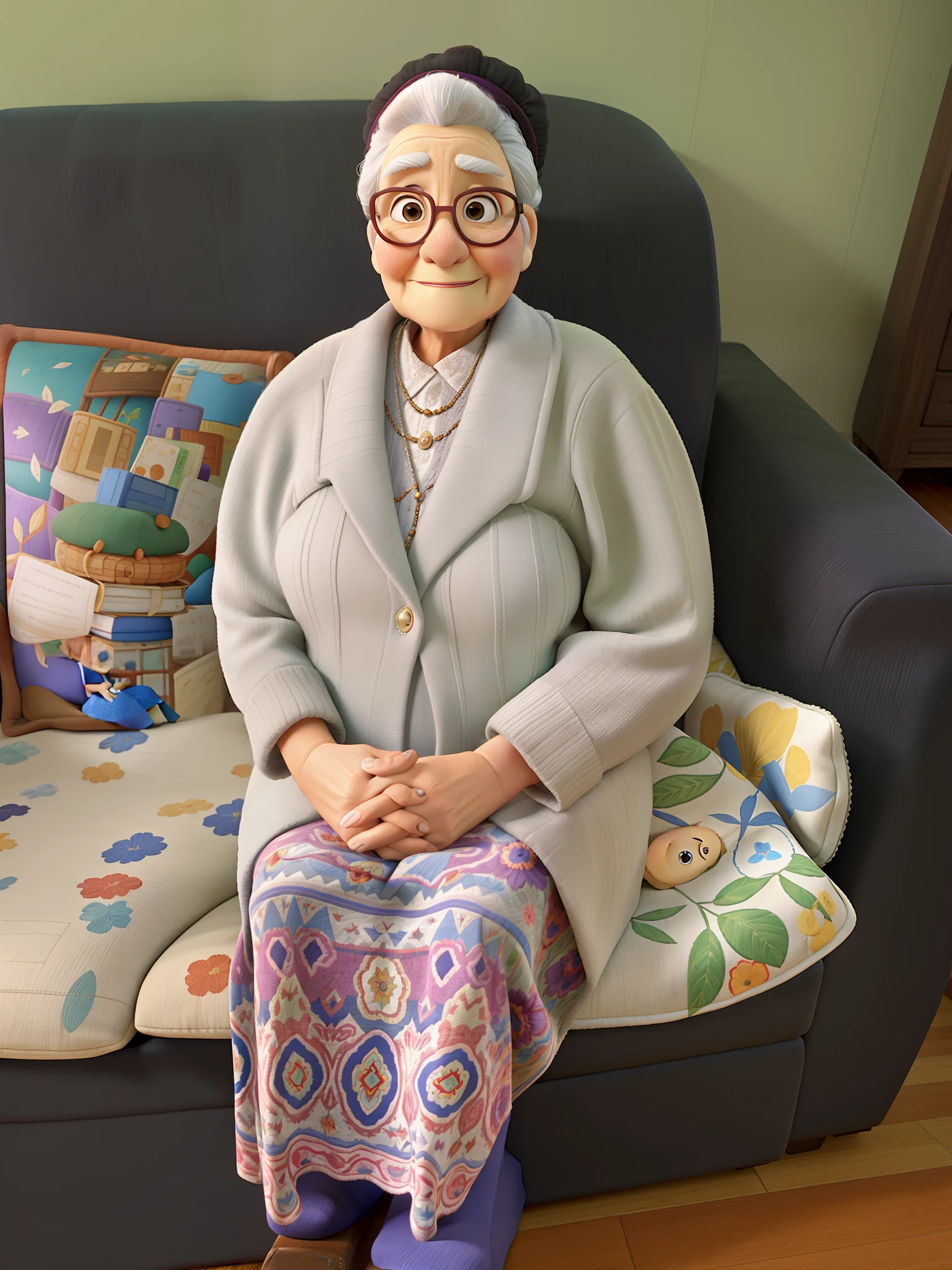 An old woman sitting on the couch, estilo Disney Pixar, alta qualidade