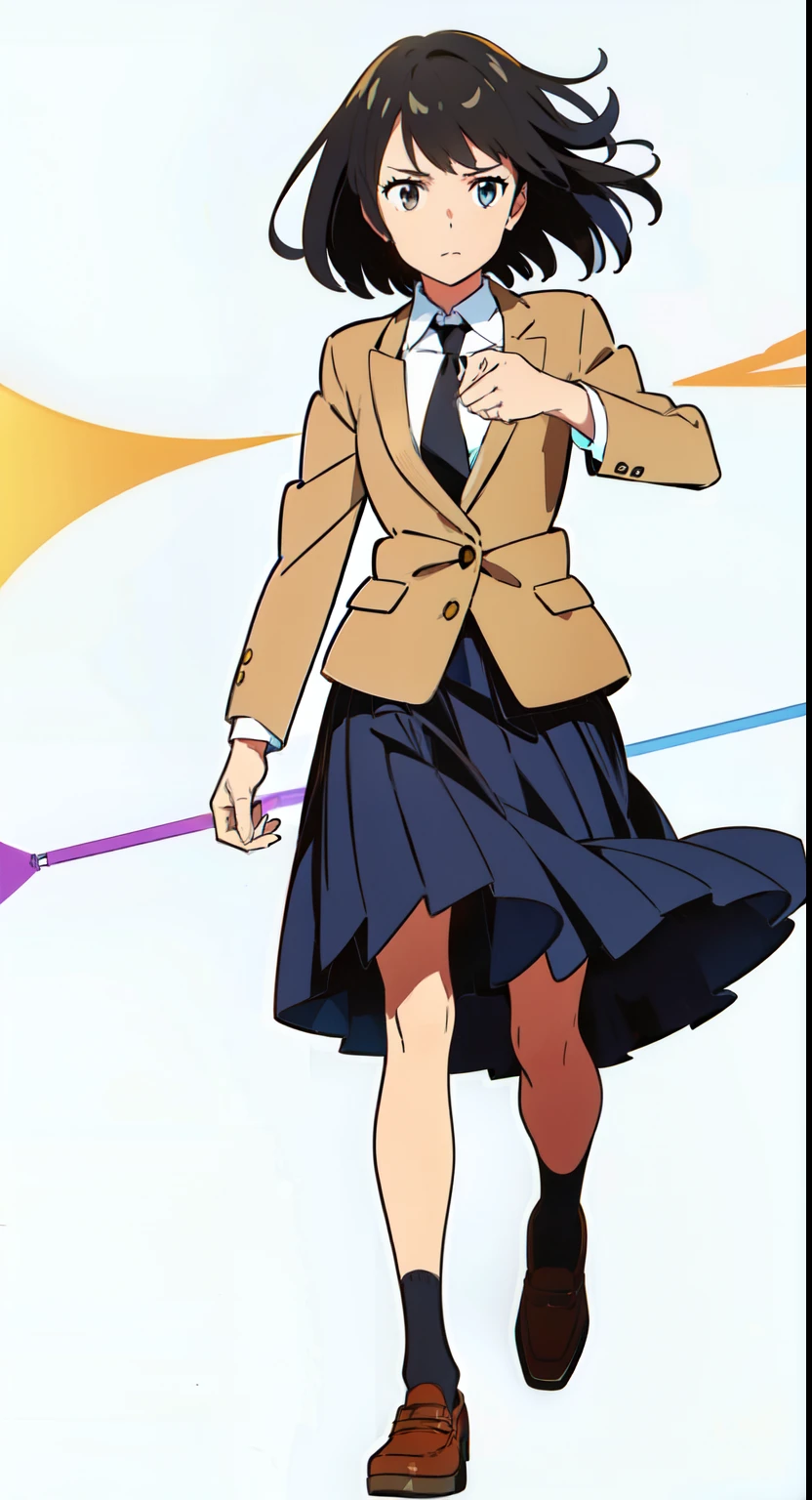 (dynamic pose:1.4), (wind:1.2), (white background:1.1), (best quality:1.1), (masterpiece:1.1), (full body:1.0), (solo:1.0), (a 18yo cute girl:1.0), (long skirt:1.1), (dark blue skirt:1.0), (pleated skirt:1.0), (school uniform beige blazer:1.0), (dark blue necktie:1.0), (black socks:1.0), (loafers:1.0), (lanky:1.2), (tall:1.2), (slender:1.2), (small breasts:1.2), (detailed beautiful eyes:1.0), (detailed beautiful face:1.0), (glowing black eyes:1.0), (short hair:1.0), (strait hair:1.0), (black hair:1.0)