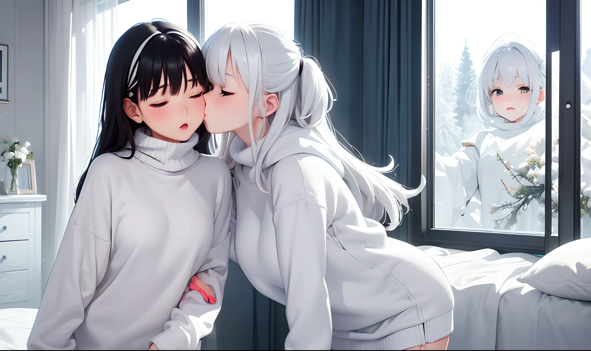 (masterpiece:1.2, best quality), (highly detailed:1.3), 2girls, , (white panties), white knitted sweaters, white hair, black hair, hugging, blush, eyes closed, bottom, love, winter, bedroom, standing by the window, white, bright, cold colors, morning, smooth,anime,lesbian,kiss ,bed