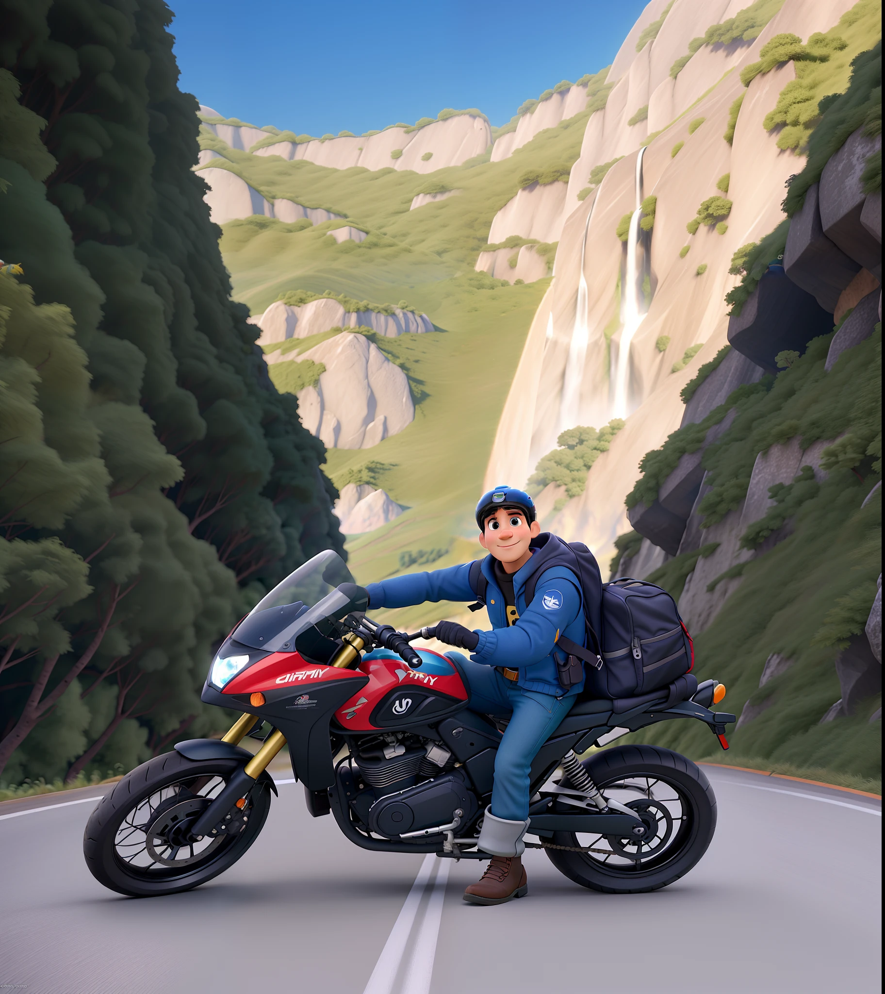 um homem em sua moto na serra do corvo branco estilo pixar, alta qualidade, melhor qualidade
