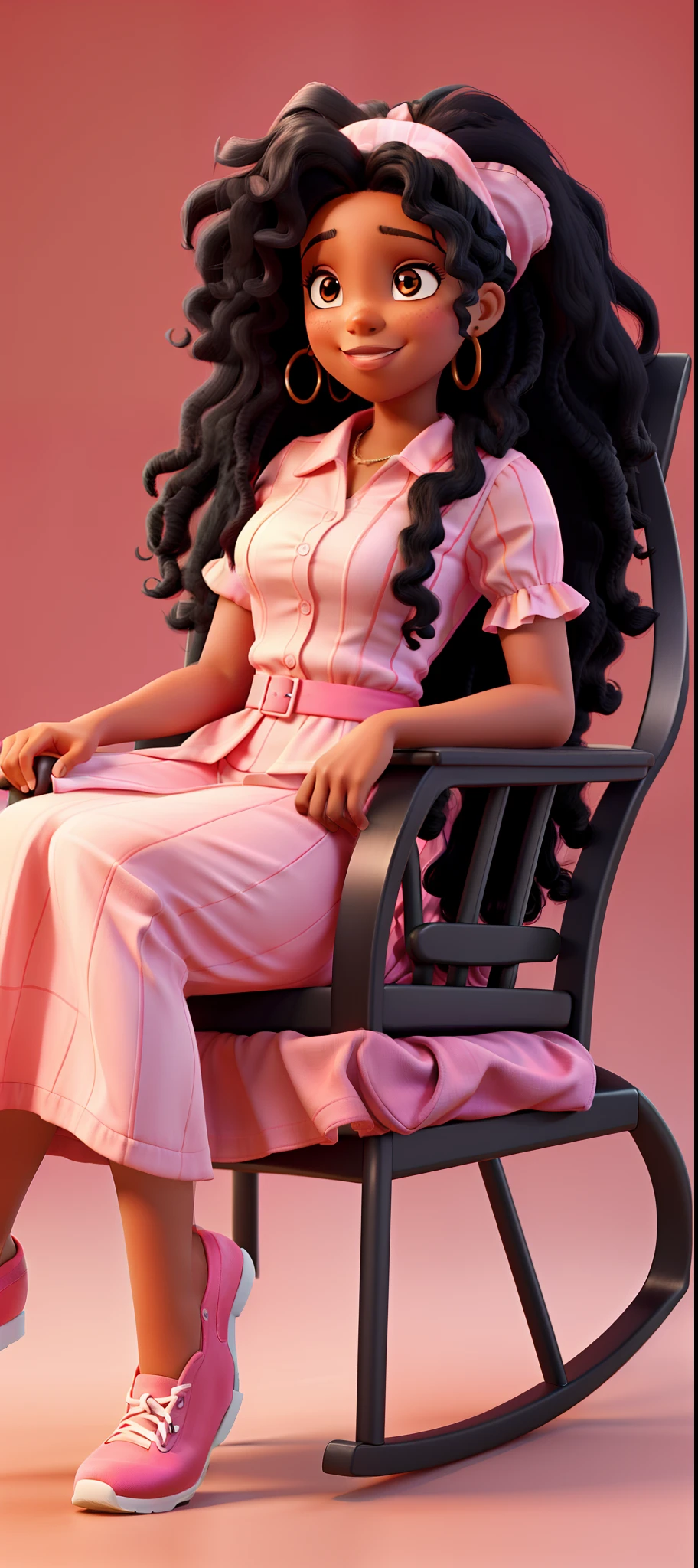 A black woman with long curly voluminous hair in a rocking chair with pink background