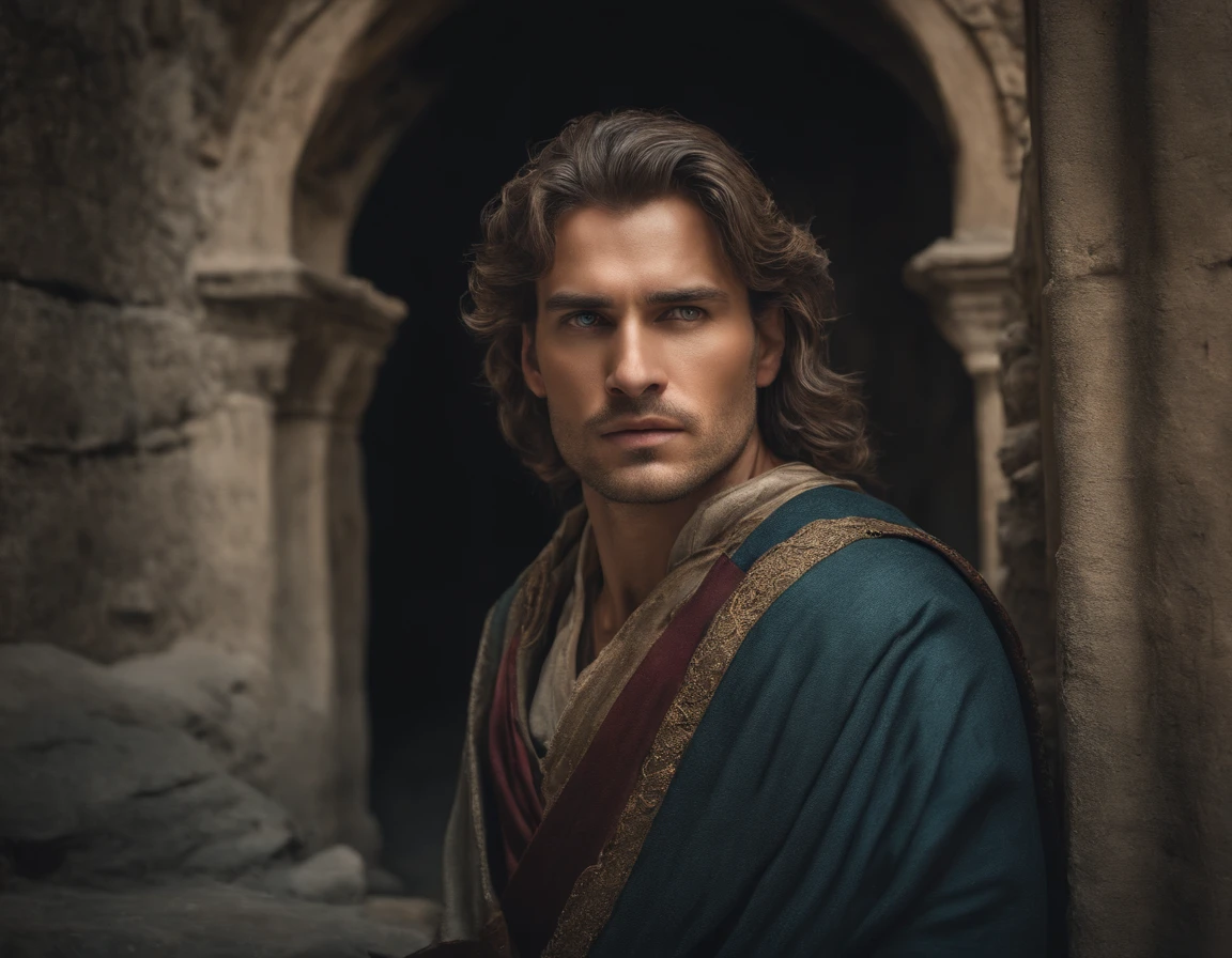Cinematic portrait, upper body, face, facing the audience, (Reality :1.3), one of the most beautiful artworks in the world, a man looks into the camera, medieval costumes, (old clothes damaged and weathered :1.4), detailed beautiful face, action shooting, ancient city background, realistic photos, CG, Art Station
