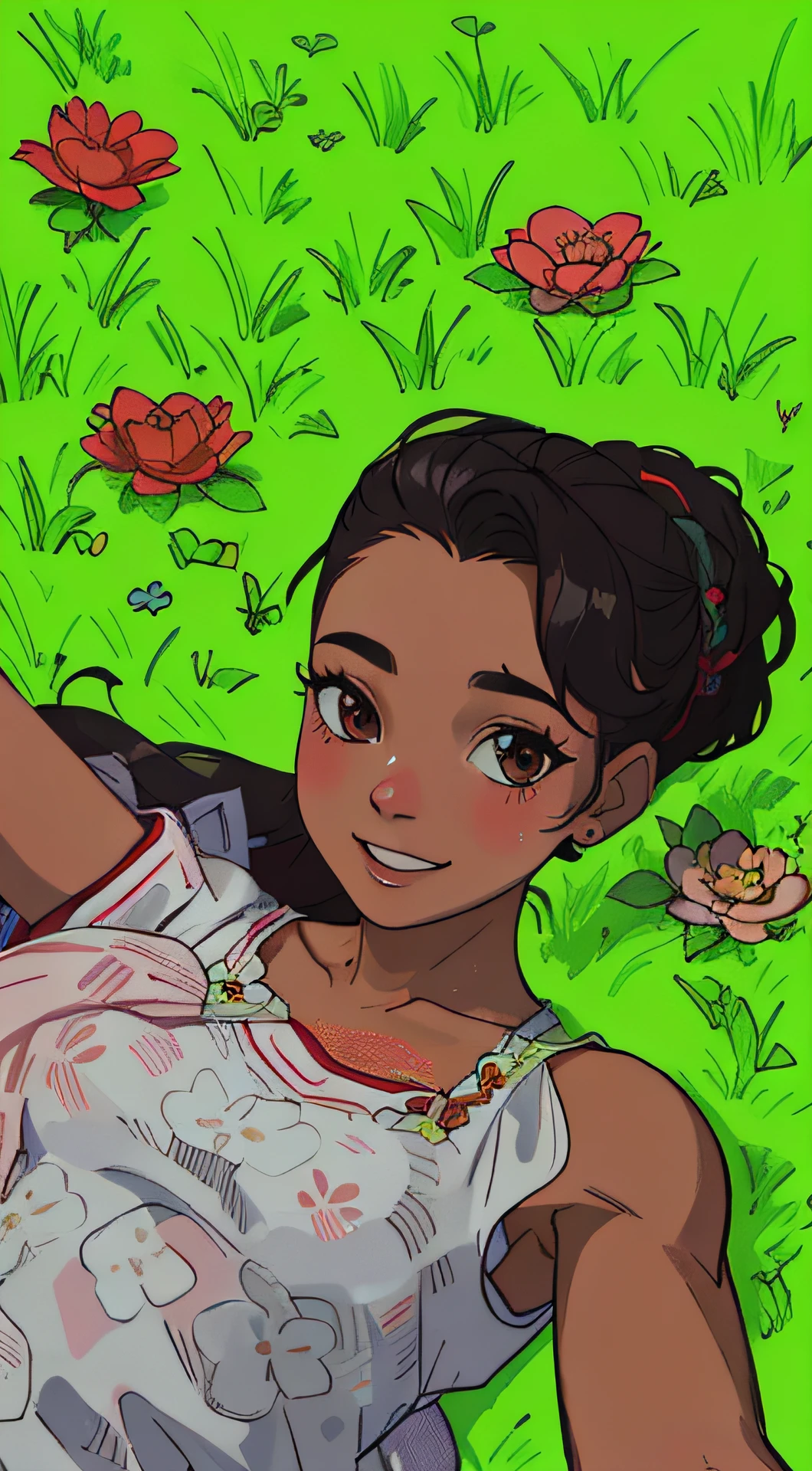 Gere uma imagem de uma jovem mulher com cabelo perfeitamente penteado, vestindo uma regata branca adornada com motivos fofos para gatos, reclinado na grama. She's in the middle of taking a selfie, seu sorriso caloroso envolvendo o espectador, enquanto flores coloridas florescem ao seu redor.
