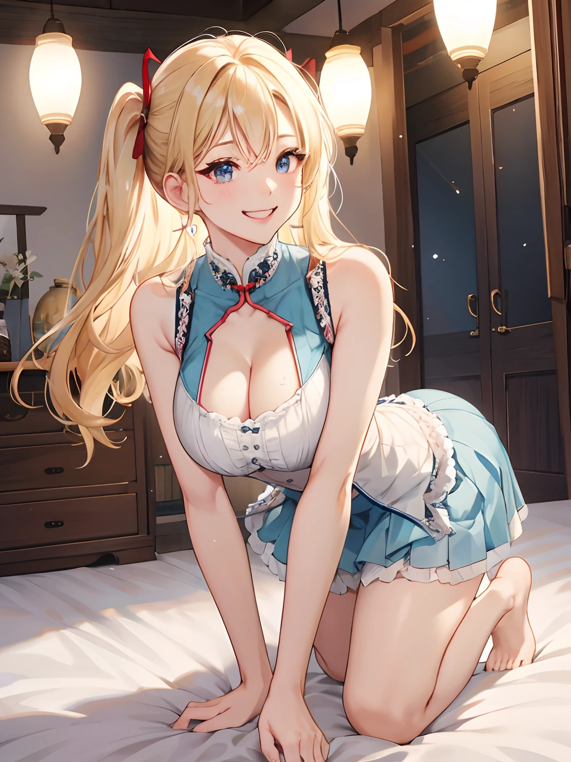 top-quality、realisticlying、slaves、bule、large full breasts、Tight-fitting uniforms、Sheer clothing、skirts that are too short、Not wearing underwear、A smile、big eye、long lashes、Long upper eyelashes、a blond、cute little、Beautie、A sexy、darkened room、full body Esbian、submissive look、Submissive smile、Flushed cheeks、Kamimei、Big buttocks、thin-waist、Stick your butt out on all fours、Sleeveless、cleavage of the breast、visible from the side、Sexy armpits、Voluptuous thighs