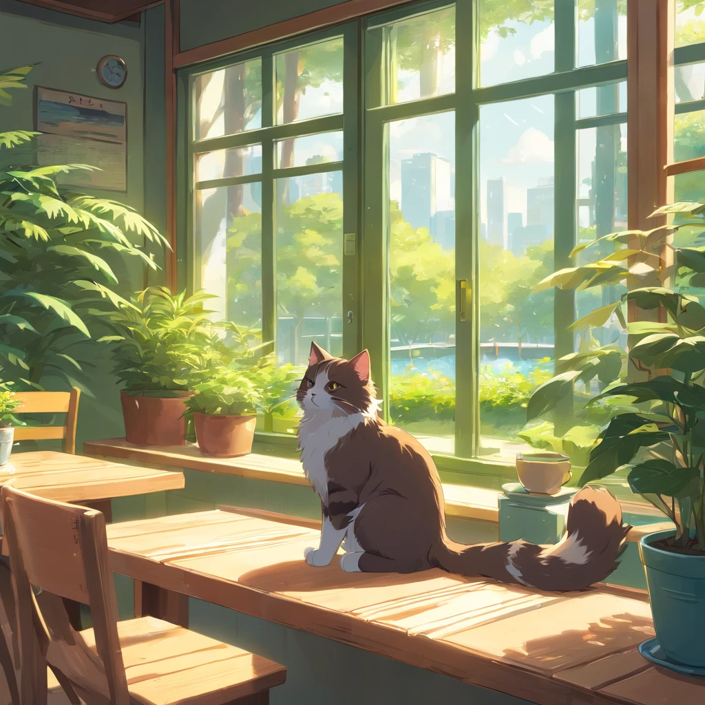 Draw an imaginative and empathetic Norwegian Forest Cat wearing a casual t-shirt and jeans. The cat is sitting in a cozy city cafe or park, deeply engrossed in writing poetry or sketching in its sketchbook. Around the cat, there's a cup of coffee and several literary books. The background displays the relaxed ambiance of the cafe or park with green plants and soothing ornaments. Ensure the image portrays the introspective, idealistic, and creative personality of the INFP. Focus on the cat's dreamy expression and the environment details that support its artistic activity. ccurate, high quality, high details, 8k, best quality