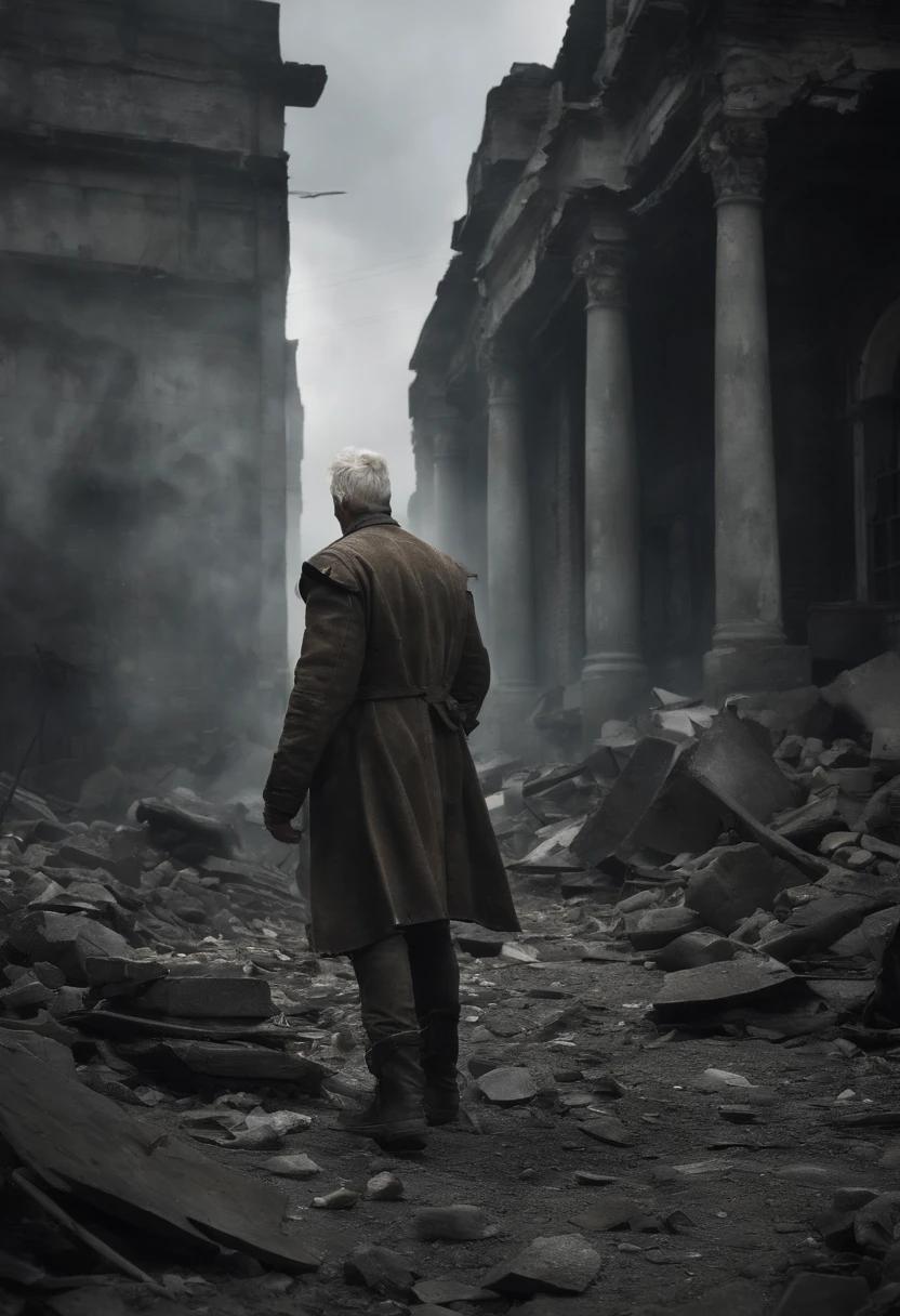 Create an image of a post-apocalyptic scenario:
1. Fundo:
- Defina um fundo sombrio e desolado, depicting a world in ruins.
- Use grayish and dark tones to convey the decay of the room.
- Add corroded buildings to the background, partially destroyed.
2. Personagem:
- Adicione a figura de Finn O'Connor, um jovem de quatorze anos, em primeiro plano.
- Describe your white hair that flows down to your waist, com uma mecha preta distinta.
- Dress him up in shabby boots and a vest that resembles a fusion of technology and meat.
3. Ambiente:
- Create a street full of shards of glass and concrete beneath Finn's feet.
- Represent the shabby boots by smashing the wreckage, levantando nuvens de poeira.
- Add debris from surrounding buildings, Hinting at a devastated scenario.
4. Tato:
- Mostre Finn passando os dedos pelos entulhos, Capturing the rough and dirty texture.
- Display the dust rising from the wreckage, Indicating the decay of the world.
Be sure to capture the gloomy and desolate atmosphere of the setting and Finn's presence as the main character. Use tones and textures to convey a sense of abandonment and despair.