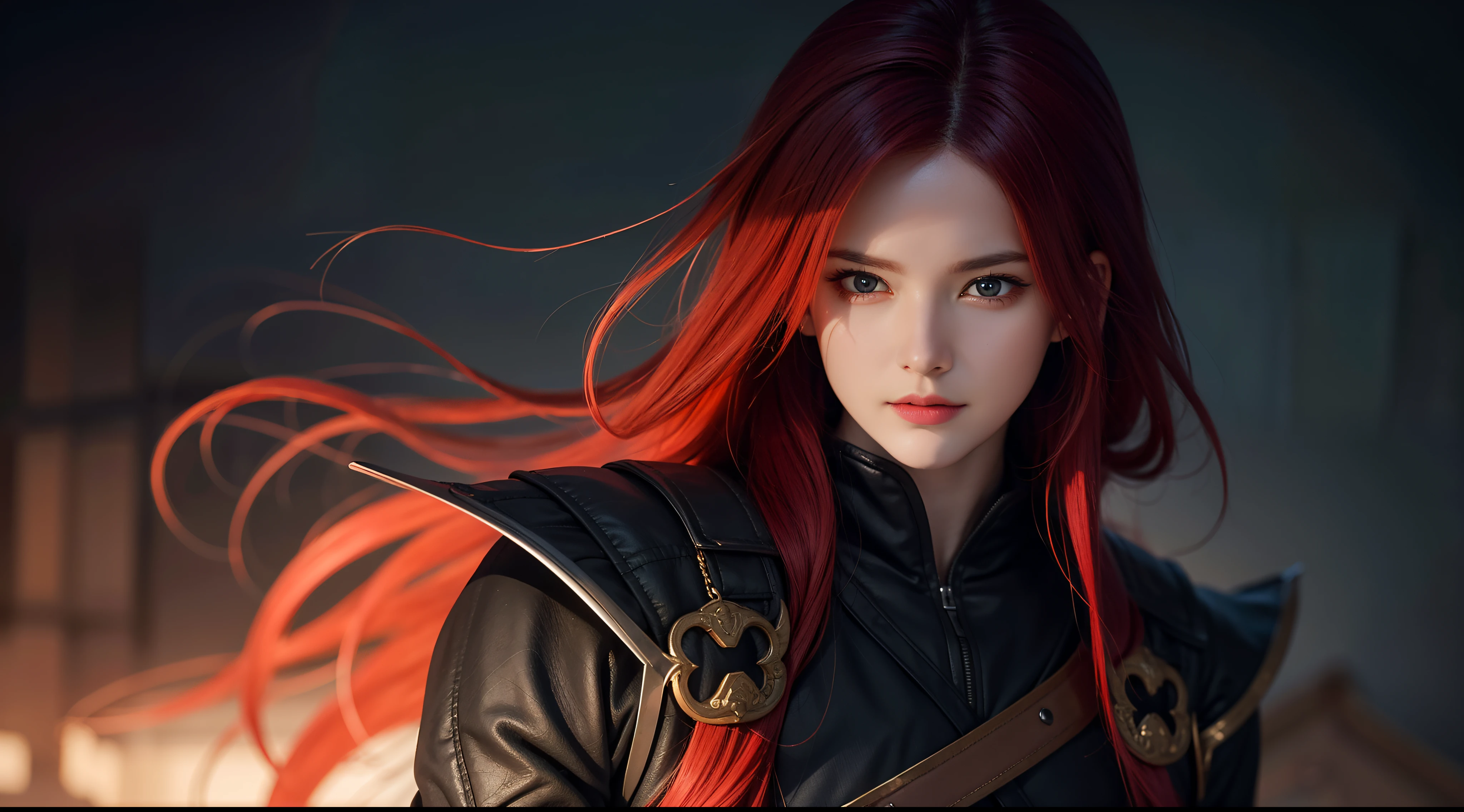 An 8k masterpiece, Highest resolution, Every detail, Meticulous details, Depth of field, bright colors, Nice layout: takes on a gorgeous Gohan anime character with brilliant red hair and beautifully detailed glowing eyes, standing on a dark and ominous background. This handsome demon slayer is the epitome of the bad guys in the fantasy art world.