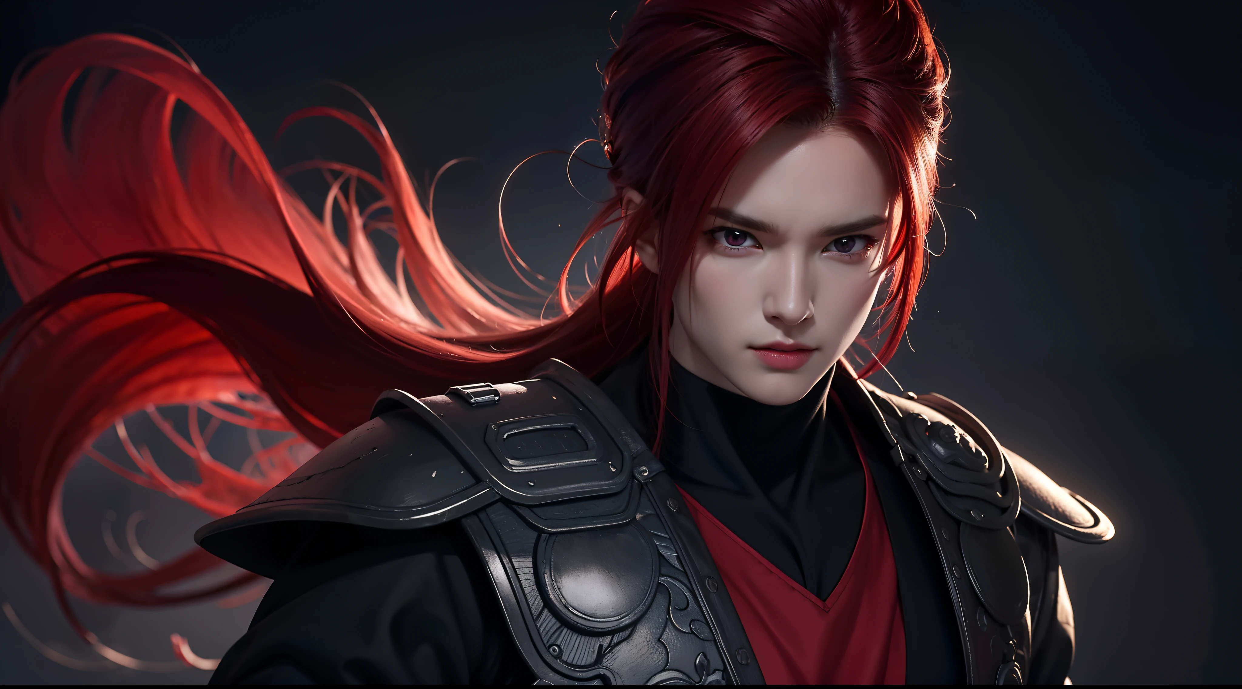 An 8k masterpiece, Highest resolution, Every detail, Meticulous details, Depth of field, bright colors, Nice layout: takes on a gorgeous Gohan anime character with brilliant red hair and beautifully detailed glowing eyes, standing on a dark and ominous background. This handsome demon slayer is the epitome of the bad guys in the fantasy art world.