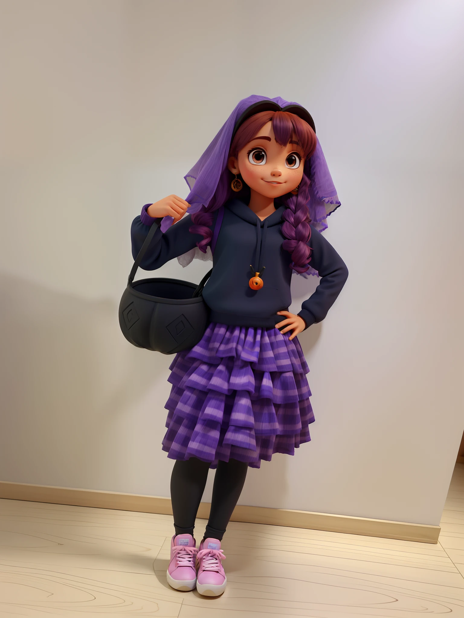menina morena pele marrom, cabelo cacheado, lilac veil, pink sneakers, halloween, alta qualidade, melhor qualidade