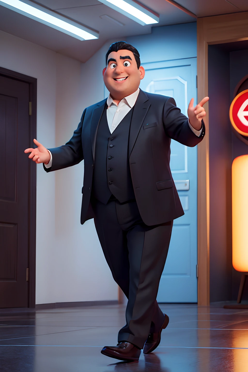 Create a movie poster in the disney pixar style, chubby television news presenter man, wearing black suit, smiling, 60 years old, adult, black eyes color, older face, hair combed to the side, thinning hair, red flushed cheeks