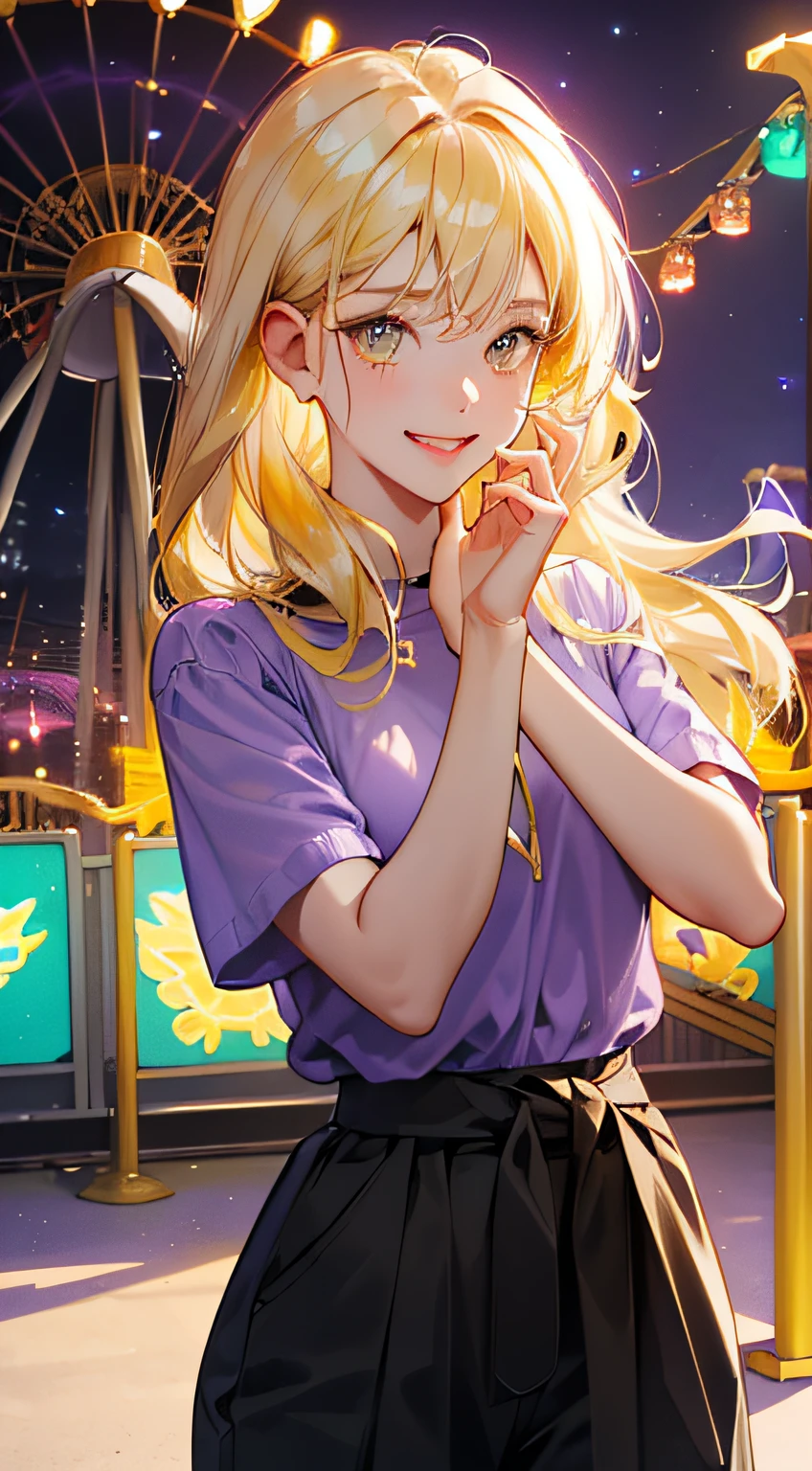 highres, ultra detailed, 1girl, solo, extremely detailed eyes, (Gold colored hair:1.5) ,long hair, (straight waist-length gold colored hair:1.5) ,(Anti-flash white-colored eyes:1.5) , ulzzang , she is wearing a ((Heliotrope colored Short Sleeve Oversized :1.5)) , she wearing a (( Rich Black colored Casual Wide Leg trousers:1.5)) , focusing on the face , ( amusement park at night background:1.5) ,(( crowd)) ,look at viewer ,laugh , excited emotion , cute pose , close up view , cowboy shot
