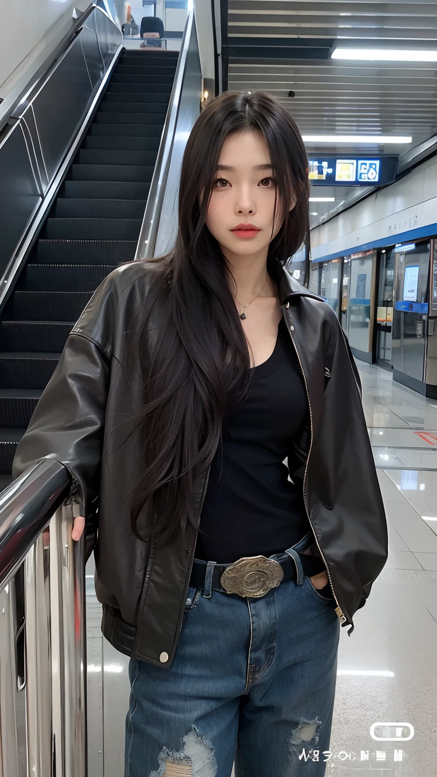 Arafed woman in black jacket standing in front of escalator, usando jaqueta de couro cyberpunk, com cabelos longos, Asian girl with long hair, Xision Wu, estilo jackie tsai, a young asian woman, Wenfei Ye, Xintong Chen, very aesthetic leather jacket, com longos cabelos escuros, Gongbi, young asian girl, ela usa jaqueta de couro