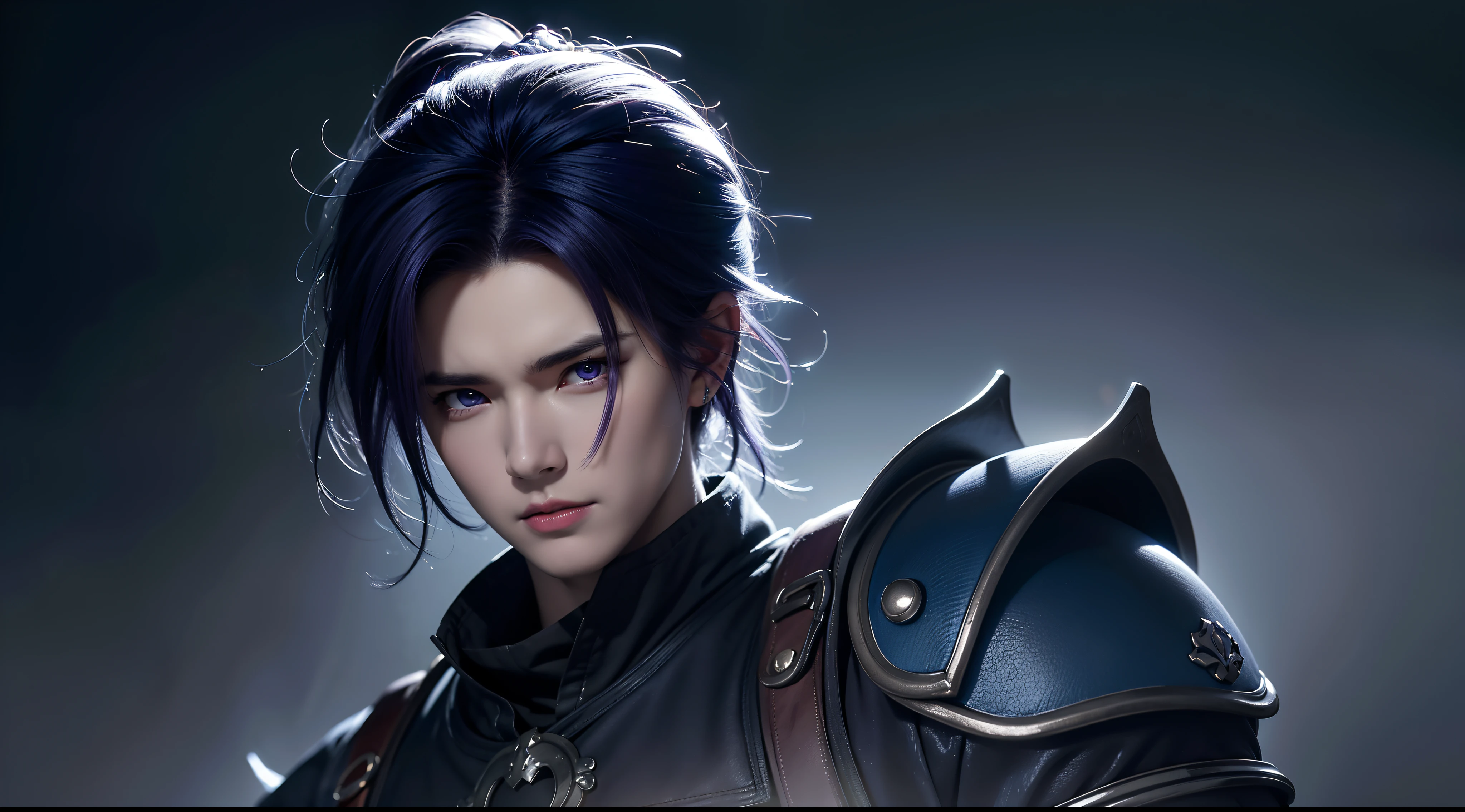 An 8k masterpiece, Highest resolution, Every detail, Meticulous details, Depth of field, bright colors, Nice layout: anime character Gohan impresses with his blue-purple hair and eyes that brightly illuminate every detail, standing on a dark and ominous background. This handsome demon slayer is the epitome of the bad guys in the fantasy art world.