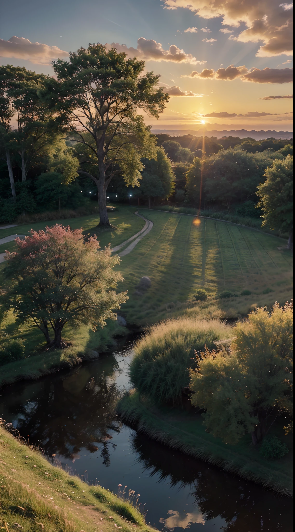 Anime, landscape, sunset, vibrant colors, detailed grass and trees, sparkling water, breathtaking view, 8k, realistic lighting