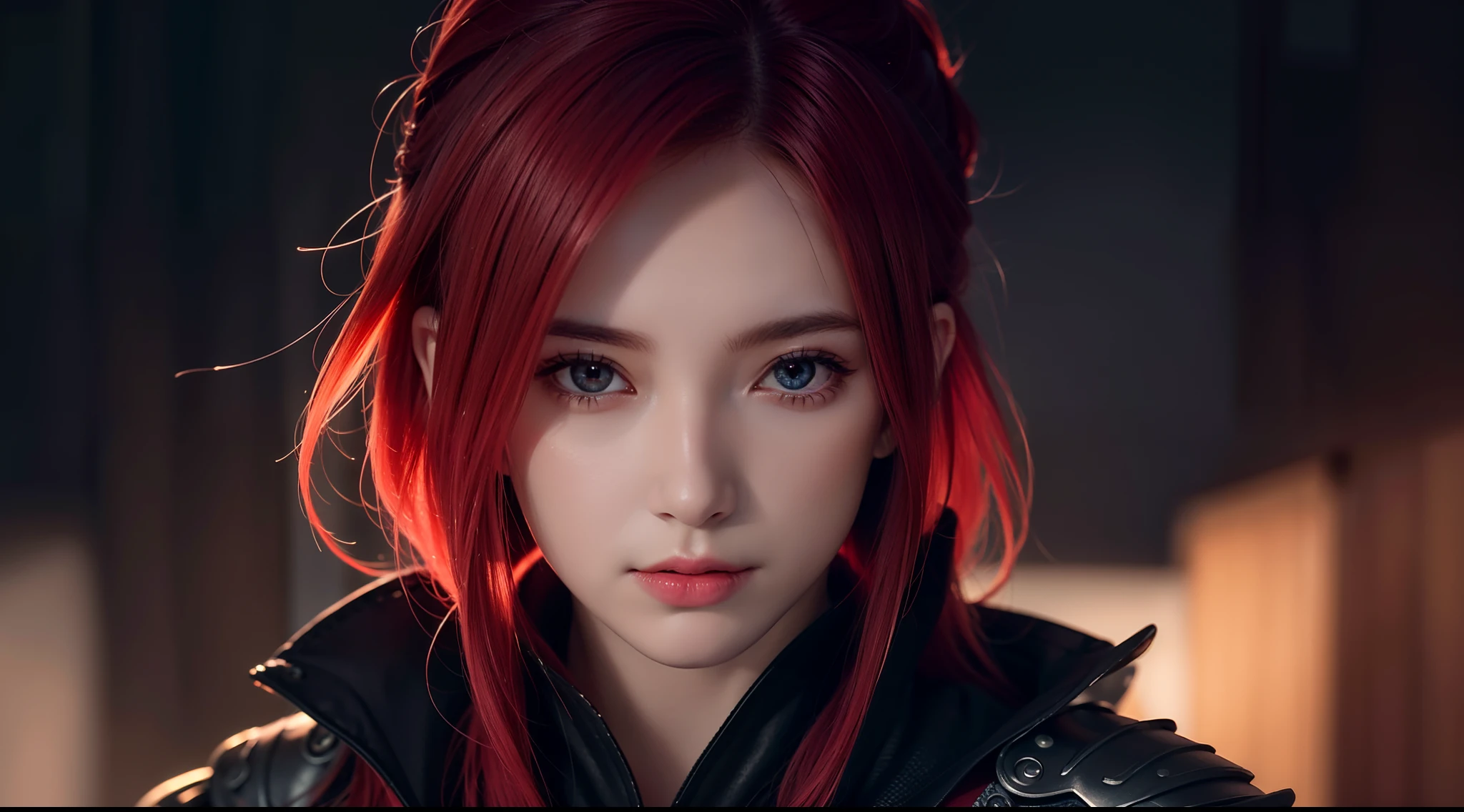 An 8k masterpiece, highest resolution, every detail, meticulous detail, depth of field, bright colors, beautiful composition: stunning take on an anime character Sasuke with brilliant red hair and beautifully detailed glowing eyes, standing against a dark and ominous background. This handsome demon slayer is the epitome of bad guys in the world of fantasy art.