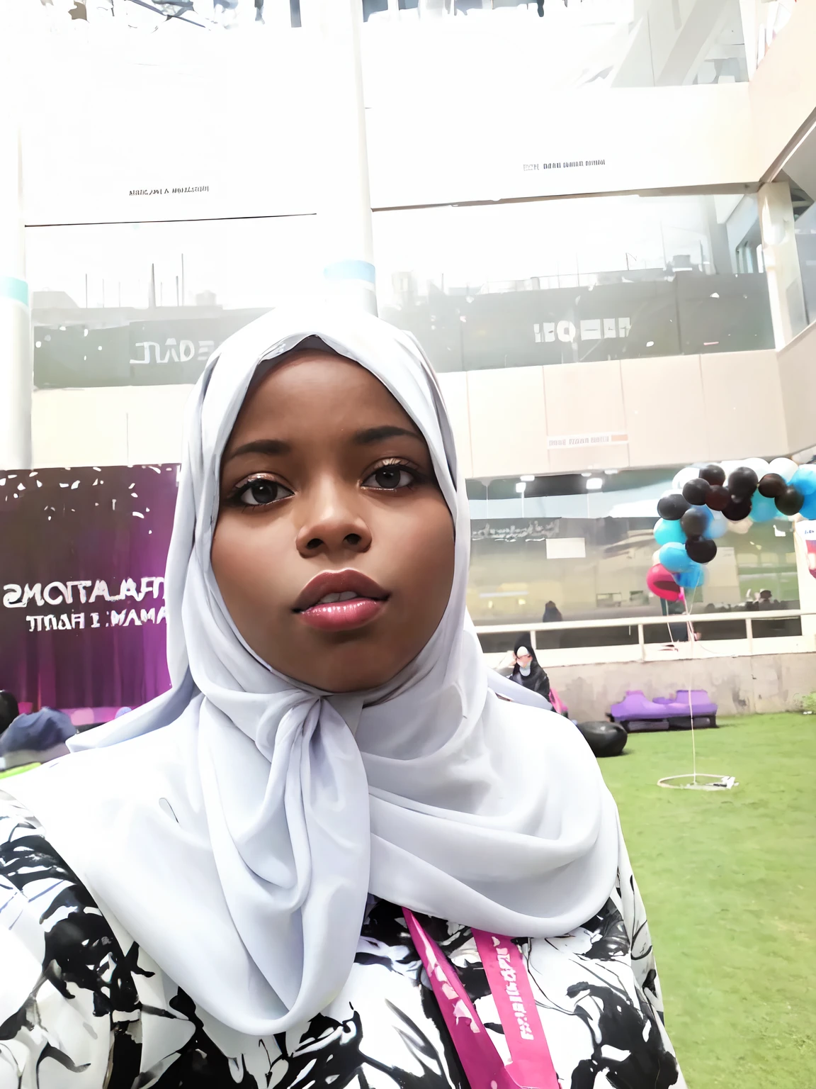 woman in hijab standing in front of a building with balloons, african ameera al taweel, profile picture, aida muluneh, very very low quality picture, background is heavenly, faridah malik, riyahd cassiem, student, selfie photo, snapchat photo, profile photo, amazing beauty, beautiful daylight, beautiful aesthetic, profile pic