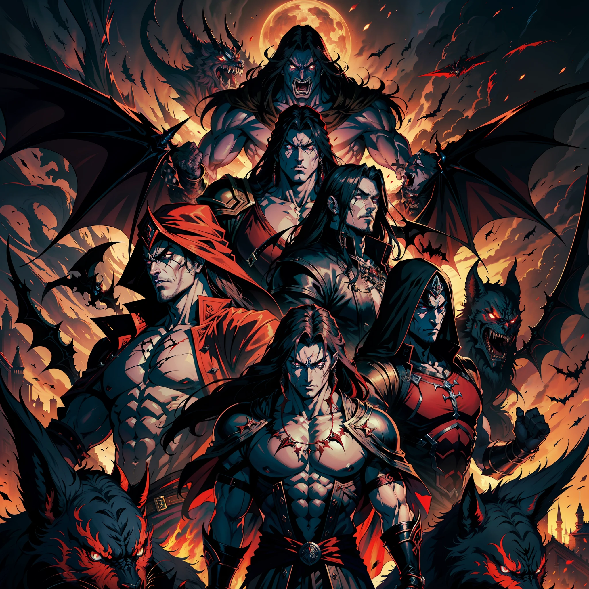 Castlevania Hyper Realistic Shadow Lord Super Detailed Dynamic Shooting The centerpiece of Lord Dracula Medieval Arab Warrior with Red Turban Scary Face Hokuto No Ken Structure Muscular face Kenshiro with raoh surrounded by demons and 3 scary demons Speaking of old rolls
