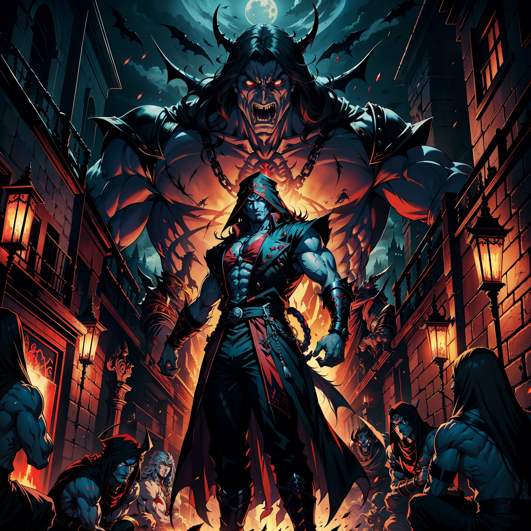 Castlevania Hyper Realistic Shadow Lord Super Detailed Dynamic Shooting The centerpiece of Lord Dracula Medieval Arab Warrior with Red Turban Scary Face Hokuto No Ken Structure Muscular face Kenshiro with raoh surrounded by demons and 3 scary demons Speaking of old rolls